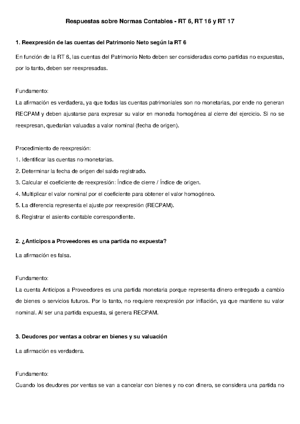 Respuestas sobre Normas Contables RT 6, RT 16 y RT 17: Análisis y ...