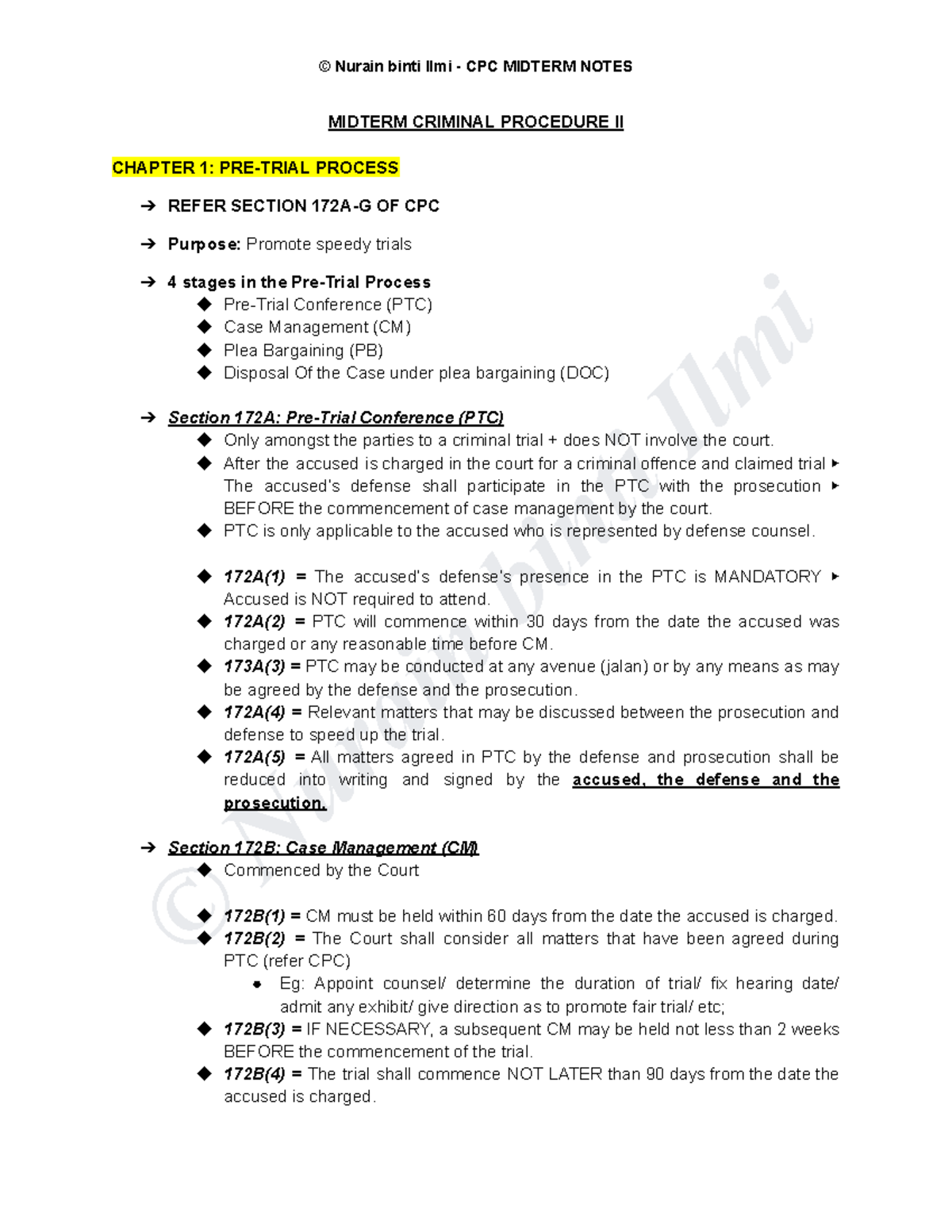 CPC Midterm Notes: Pre-Trial Process & Summary Trial Details - Studocu