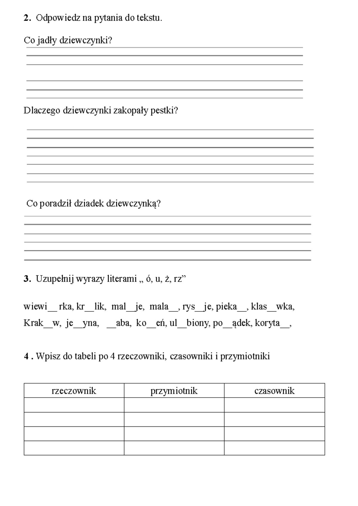 Sprawdzian listopad 3 klasa - Odpowiedz na pytania do tekstu. Co jadły