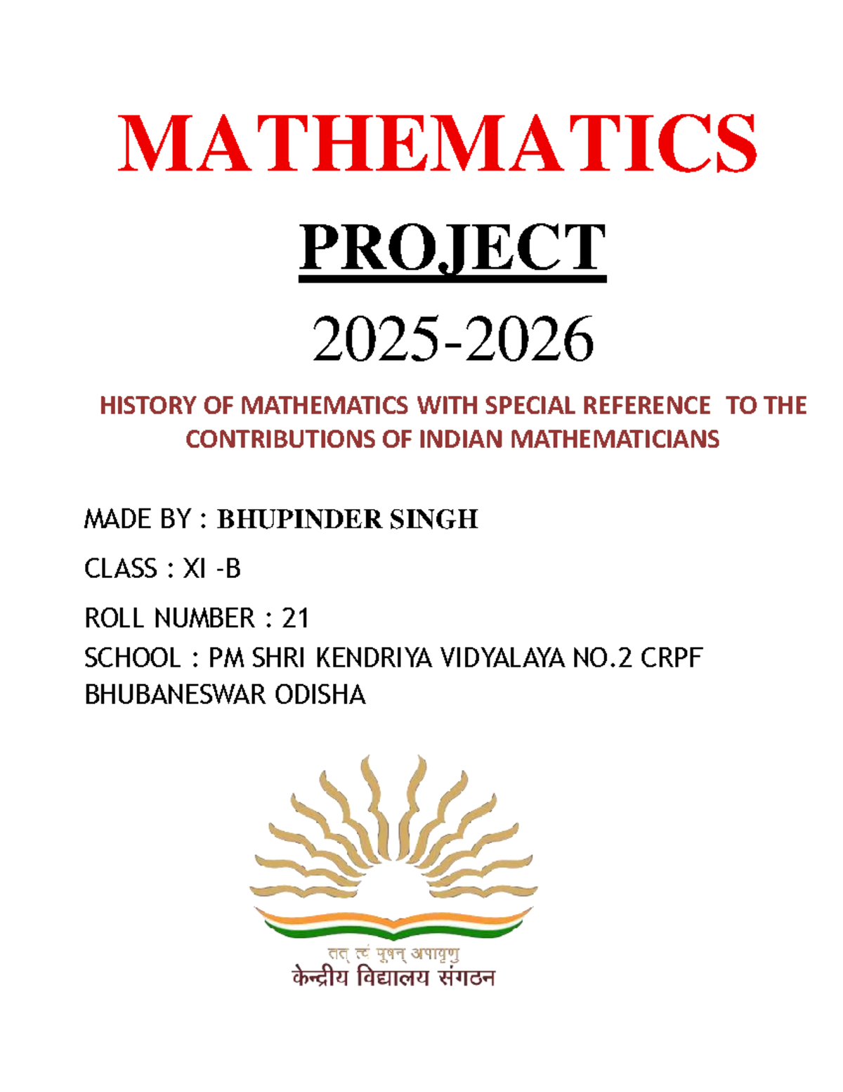 MATHEMATICS PROJECT: INDIAN MATHEMATICIANS' CONTRIBUTIONS - Studocu