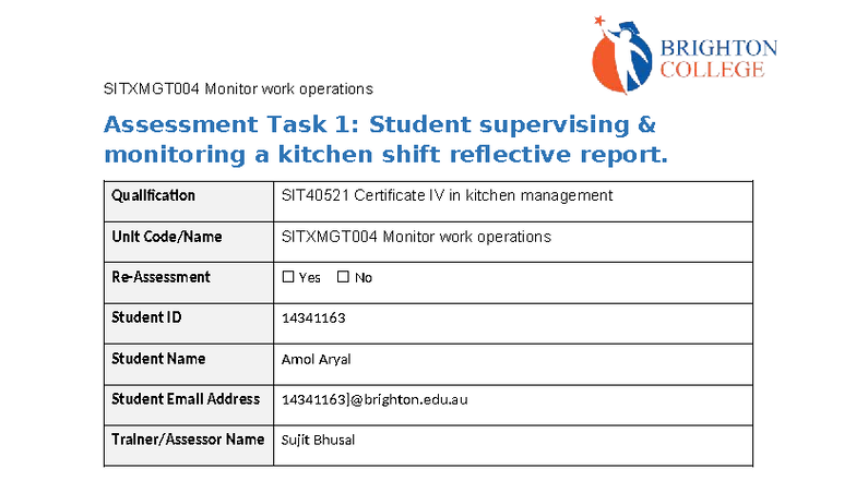 SITXMGT004 Assessment Task 1: Reflective Report on Kitchen Shift ...