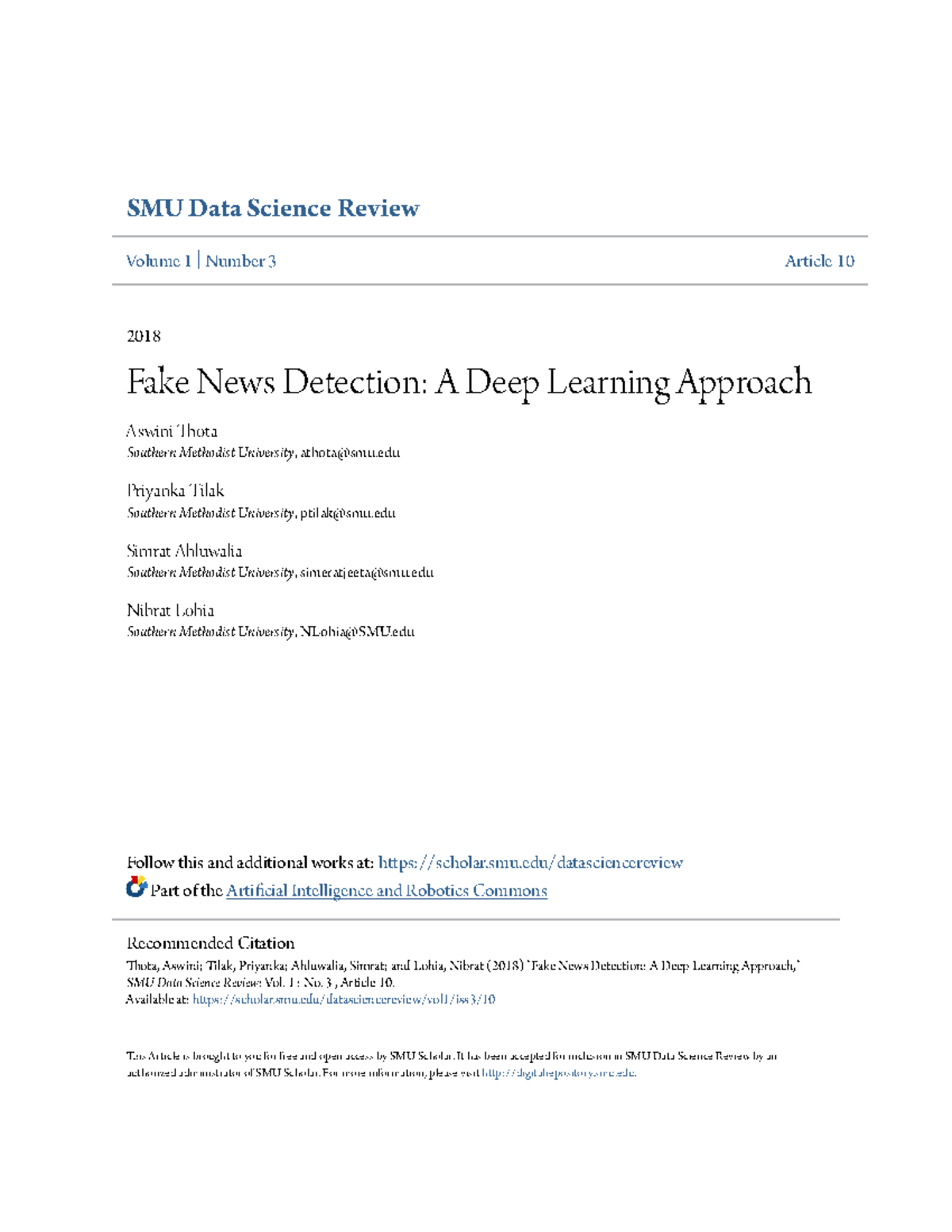 SMU Data Science Review: Fake News Detection Using Deep Learning - Studocu