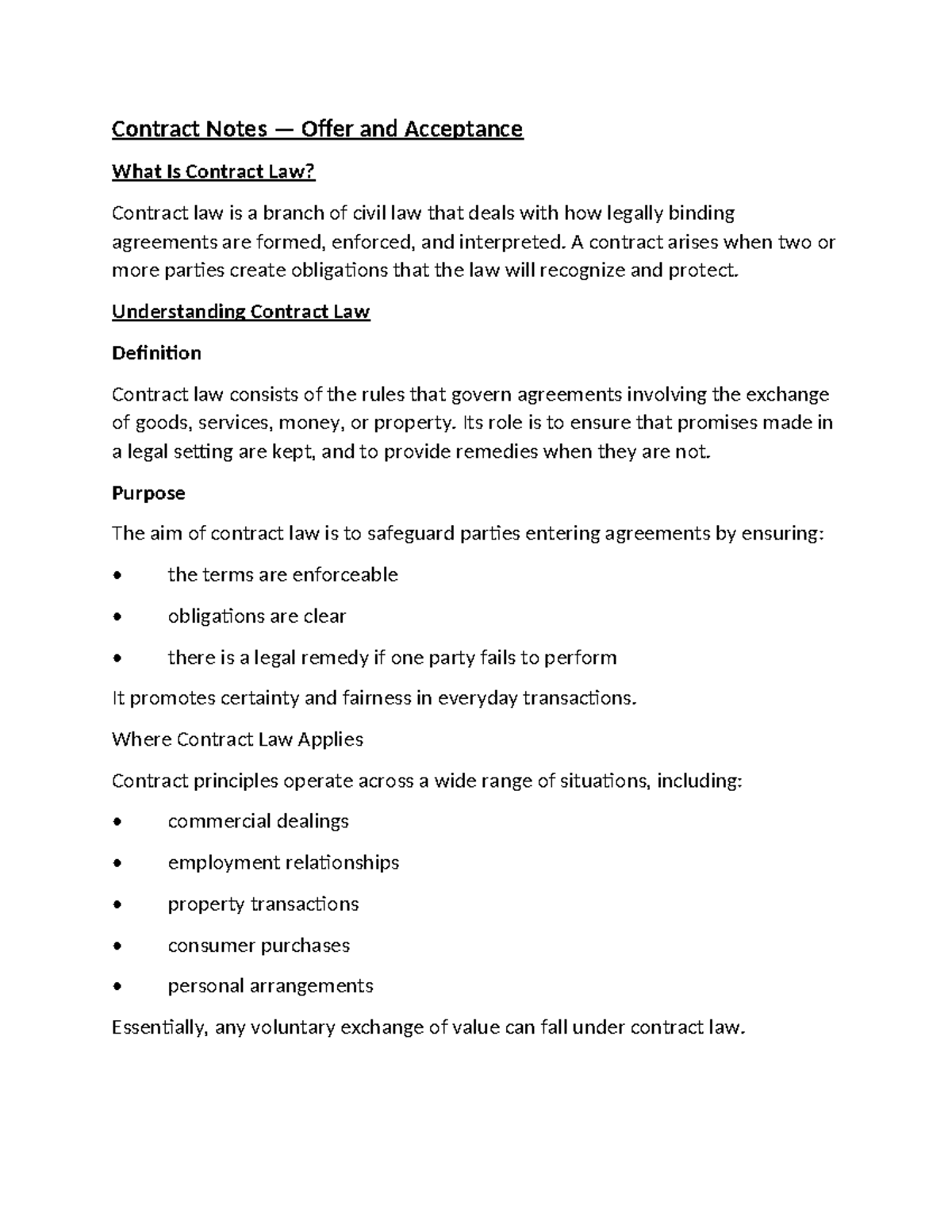 Contract Law Notes: Offer and Acceptance Explained - Studocu