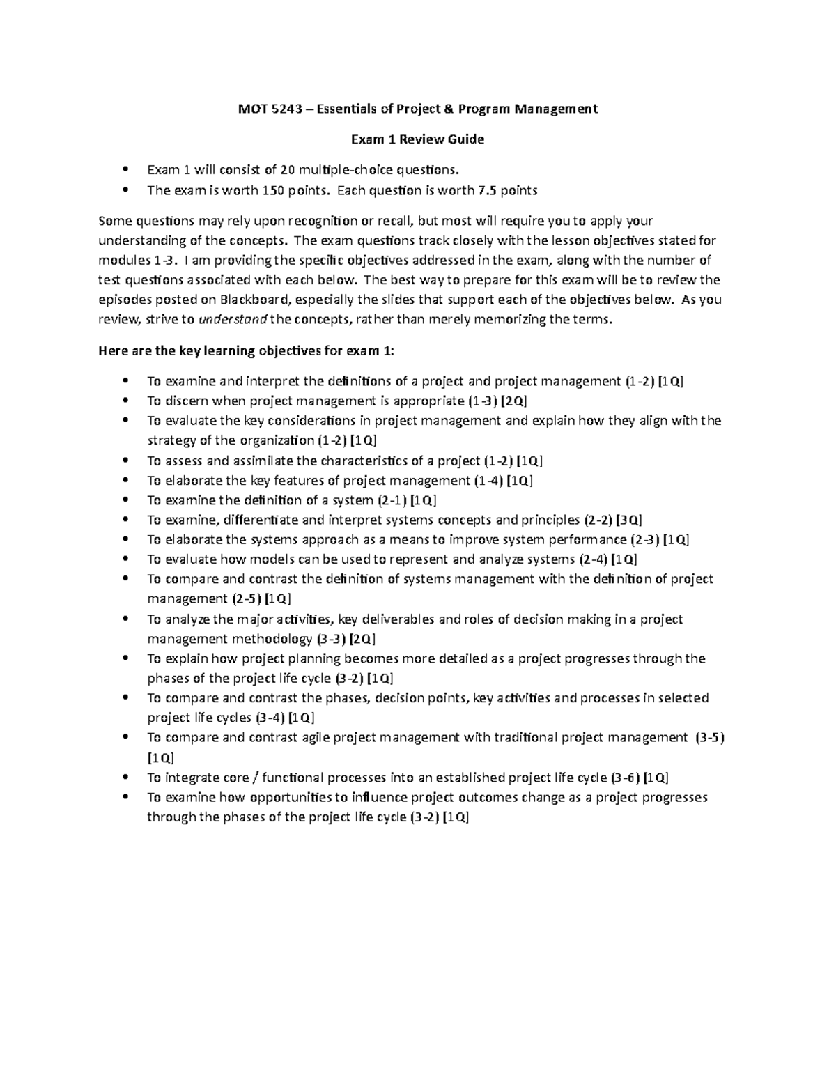 MOT 5243 Exam 1 Review Guide - Project & Program Management - Studocu