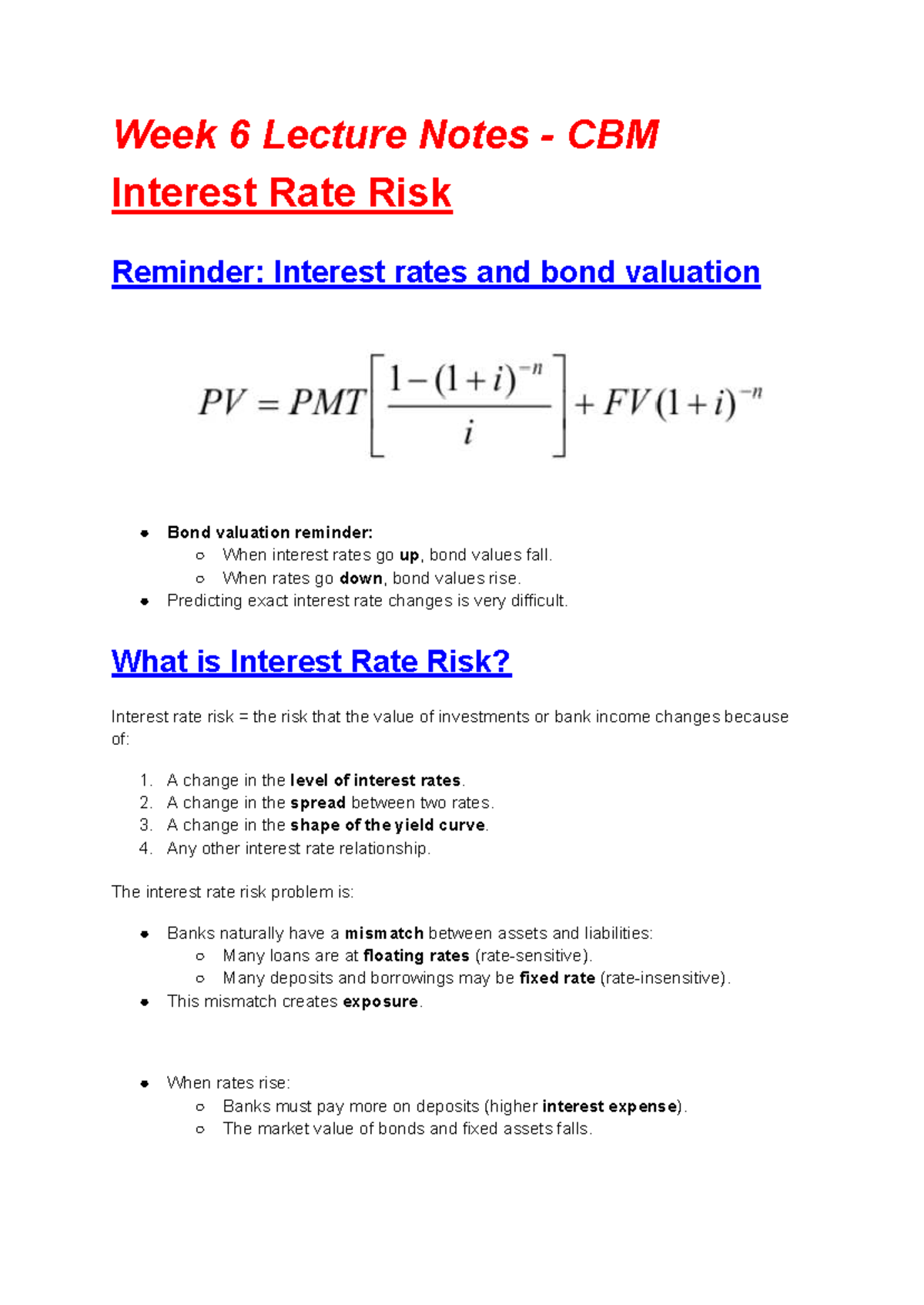 Week 6 Lecture Notes: Interest Rate Risk in CBM - Studocu