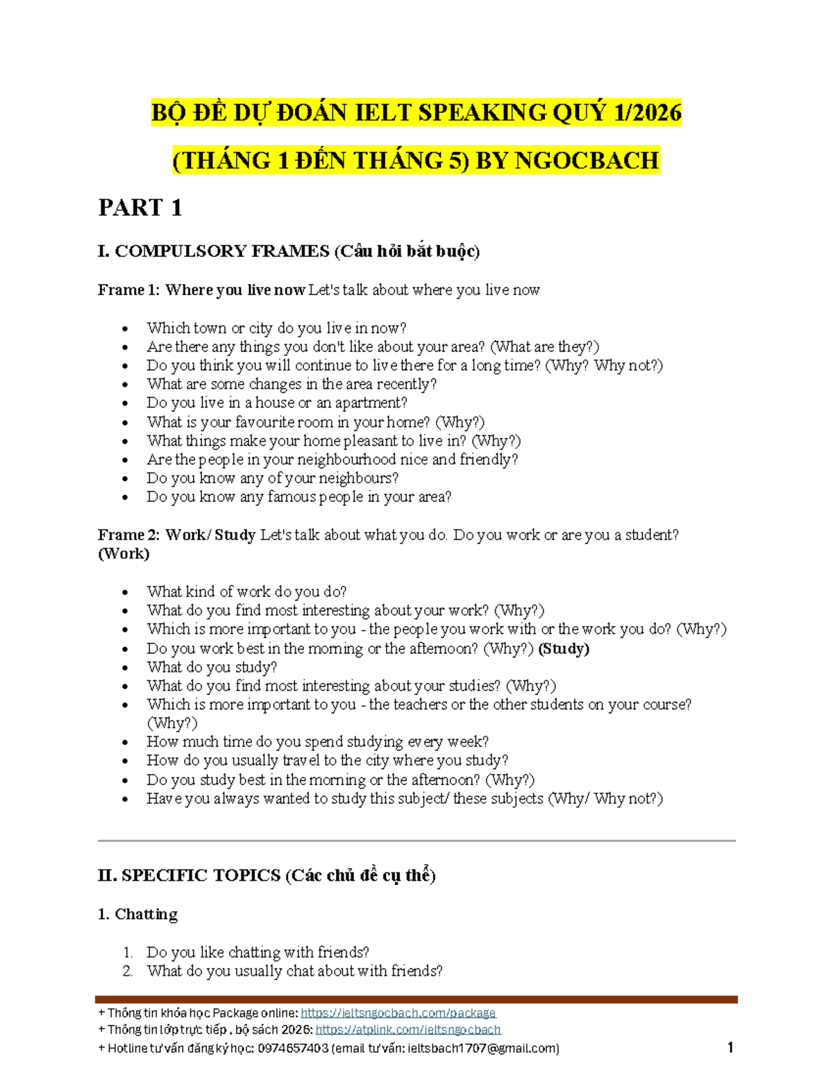 Bộ Đề Dự Đoán IELTS Speaking Quý 1 2026 - Ngọc Bách - Studocu