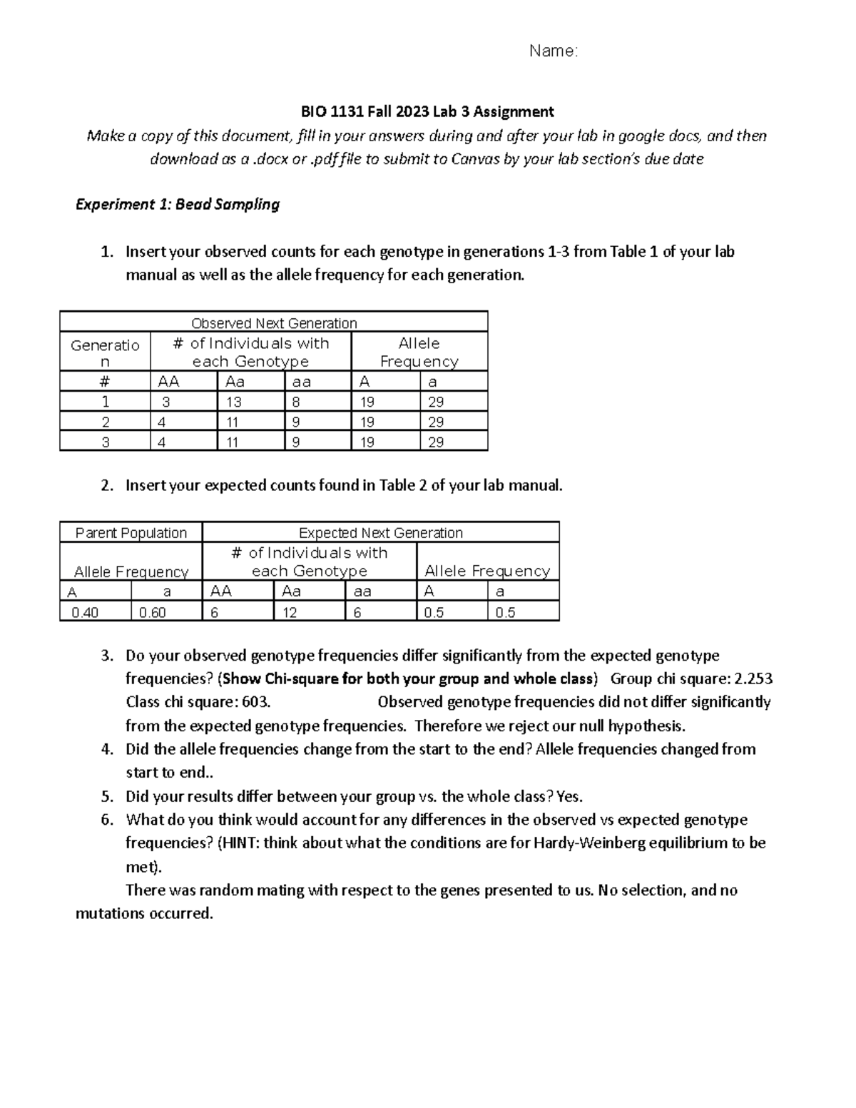 Lab 3 Population Genetics Worksheet for BIO 1131 FA23 Analysis - Studocu