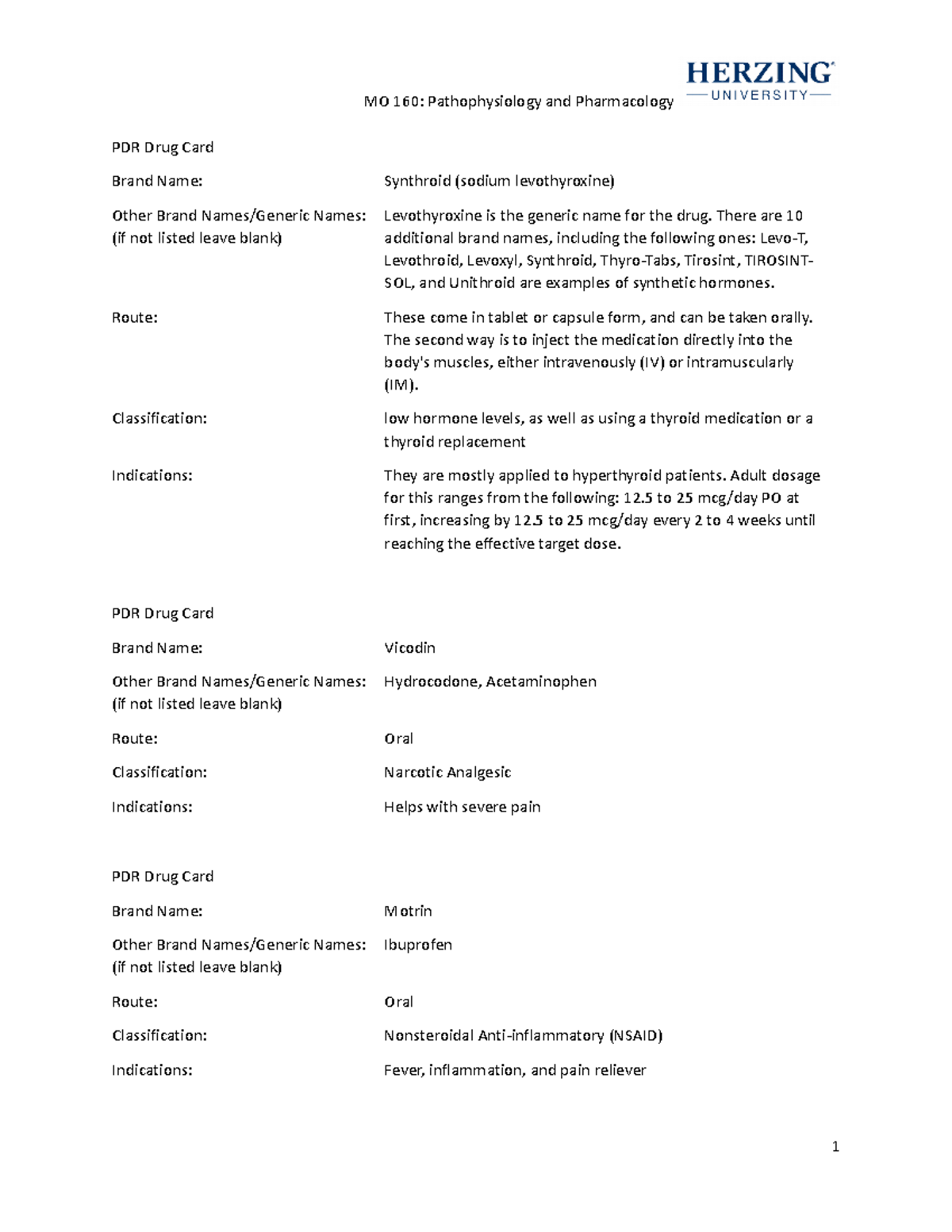 MO160 Unit 1 Assignment: PDR Drug Card Summary Template - Studocu