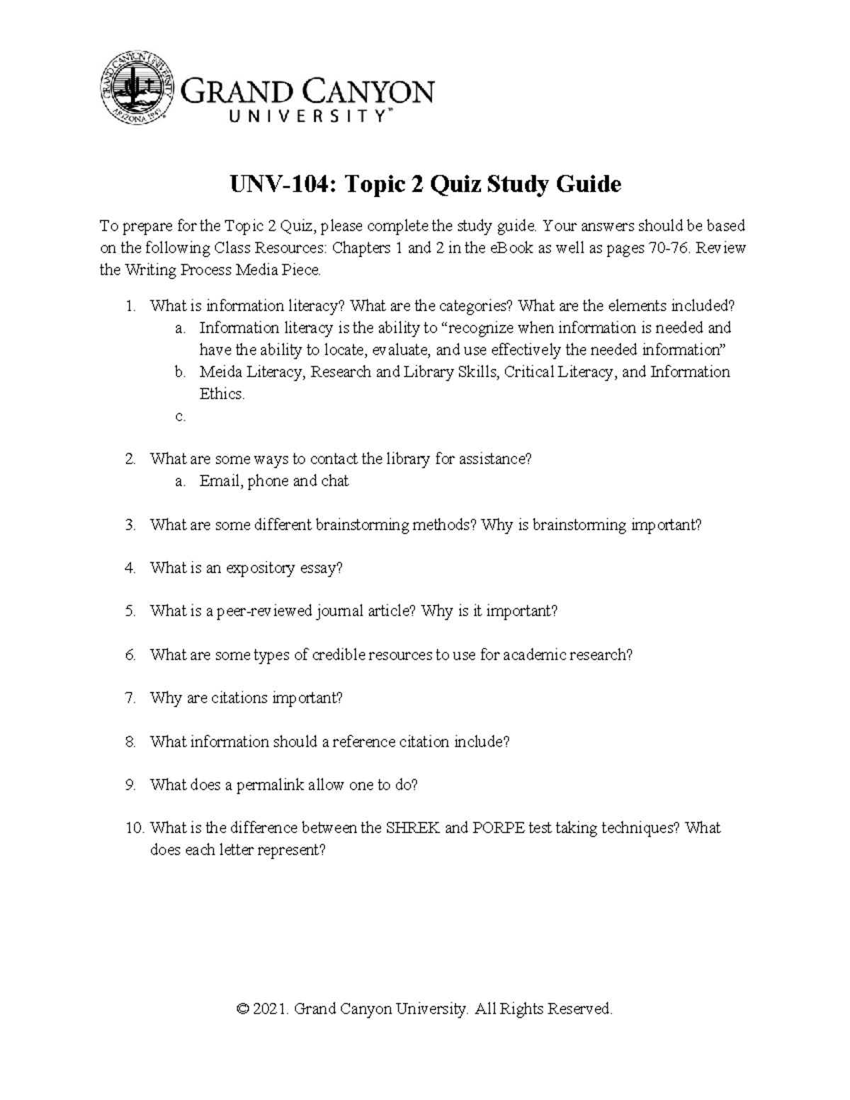 UNV 104 RS Topic 2 Quiz Study Guide and Prep Tips - Studocu