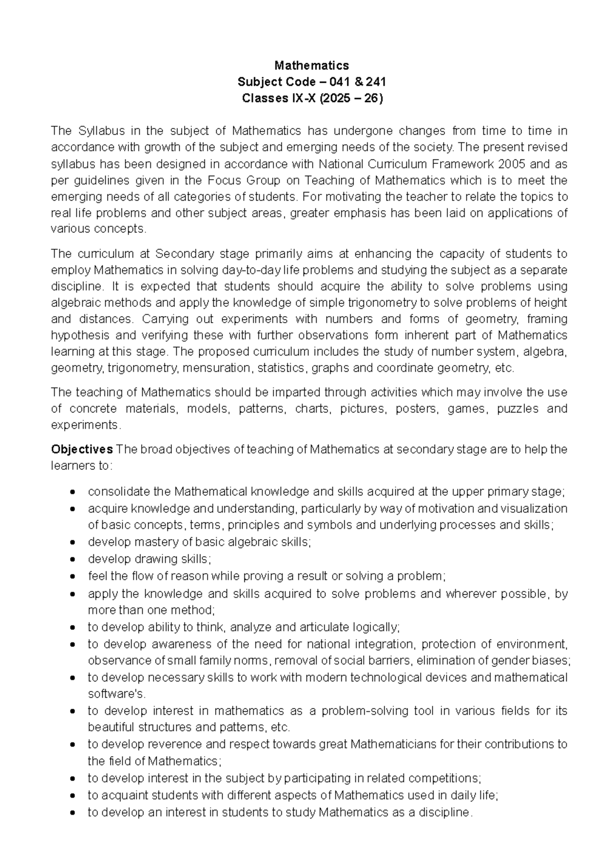 Mathematics Syllabus for Class IX (Code 041) - 2025-26 Overview - Studocu