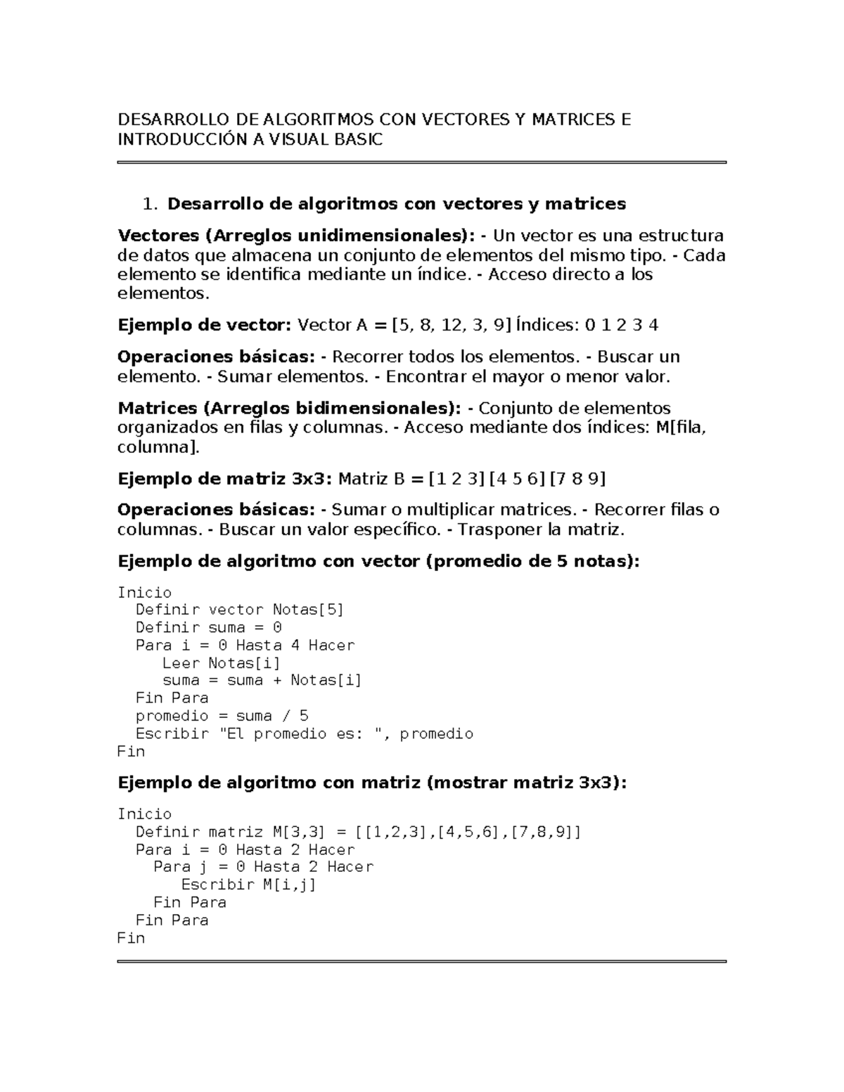 Algoritmos con Vectores y Matrices en Visual Basic - VB-1 - Studocu