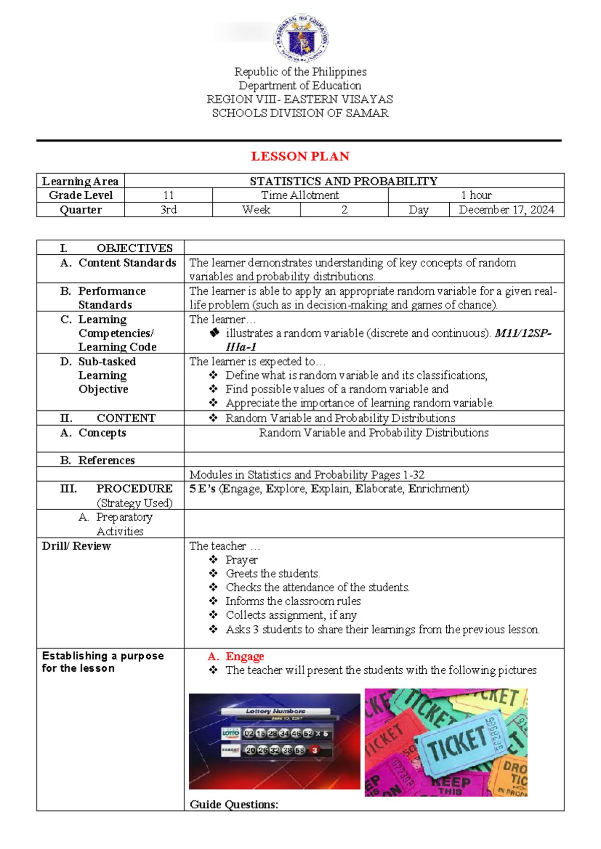 Module 1-STAT: Daily Lesson Plan on Random Variables & Probability ...