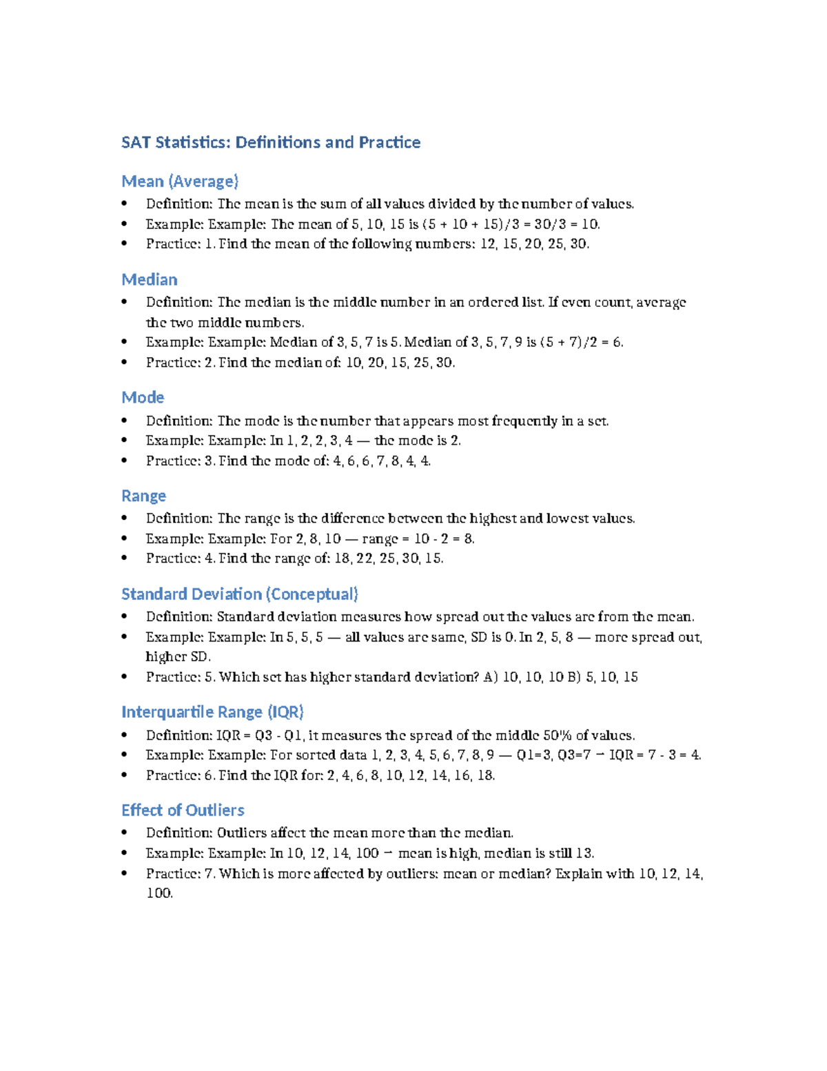SAT Statistics: Mean, Median, Mode, Range & SD Practice Guide - Studocu