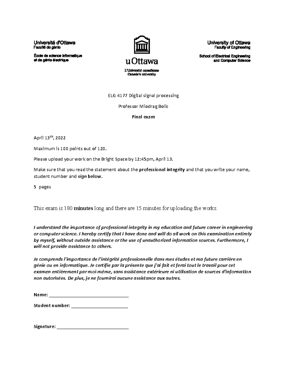 Final Exam - ELG 4177 Digital Signal Processing - April 2022 - Studocu