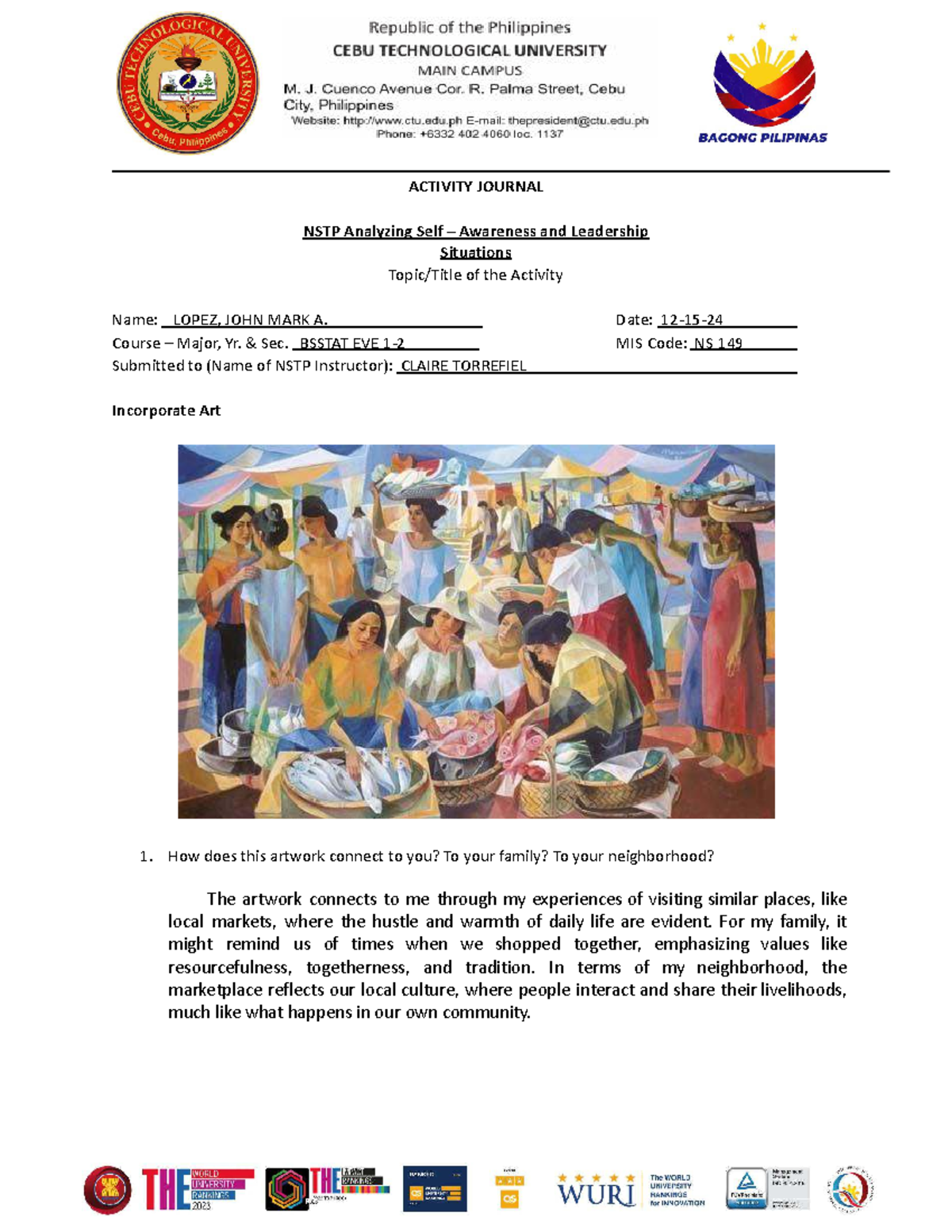 NSTP Activity Journal: Analyzing Self-Awareness & Leadership in Art ...