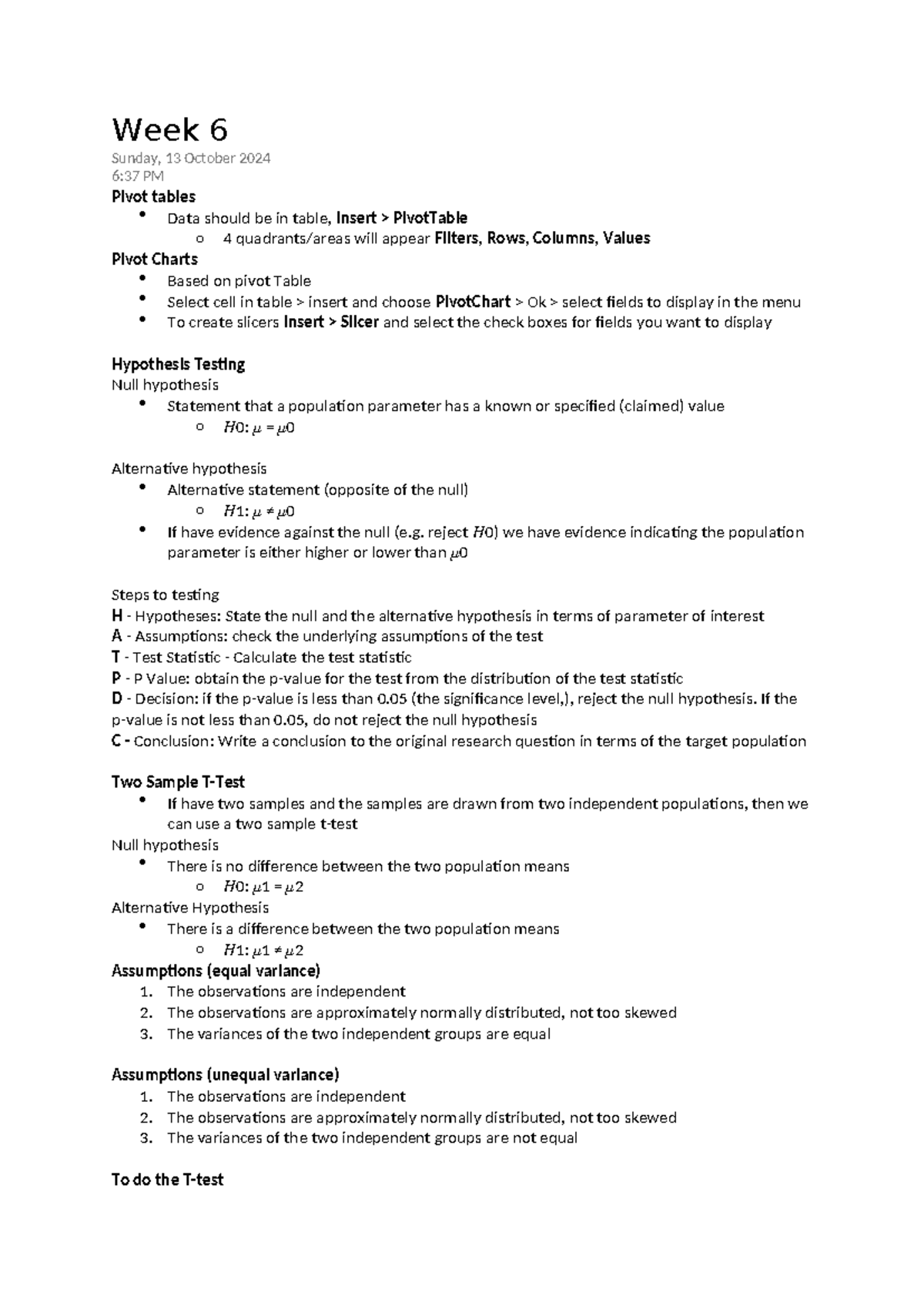 Week 6 Notes for STAT1250: Pivot Tables & Hypothesis Testing - Studocu
