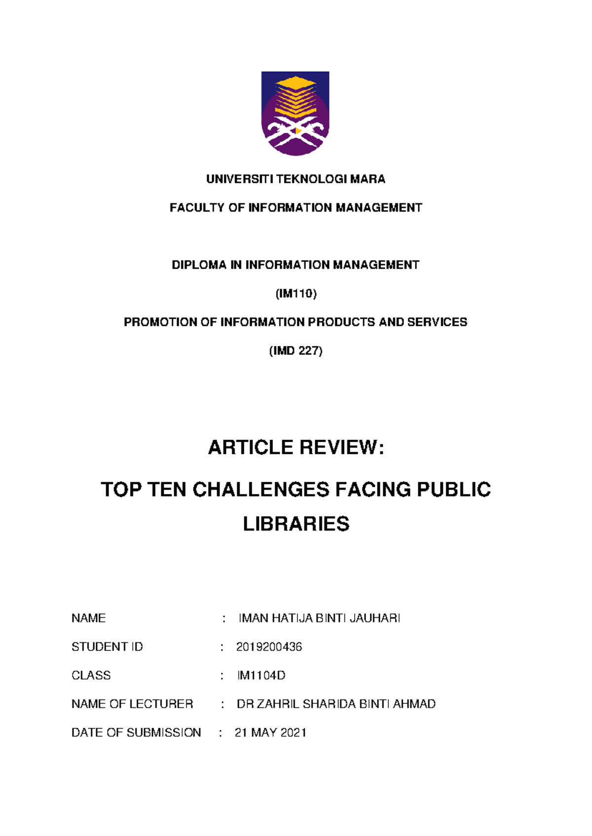 IMD227 Article Review Example 18/20 marks - promotion of services and ...