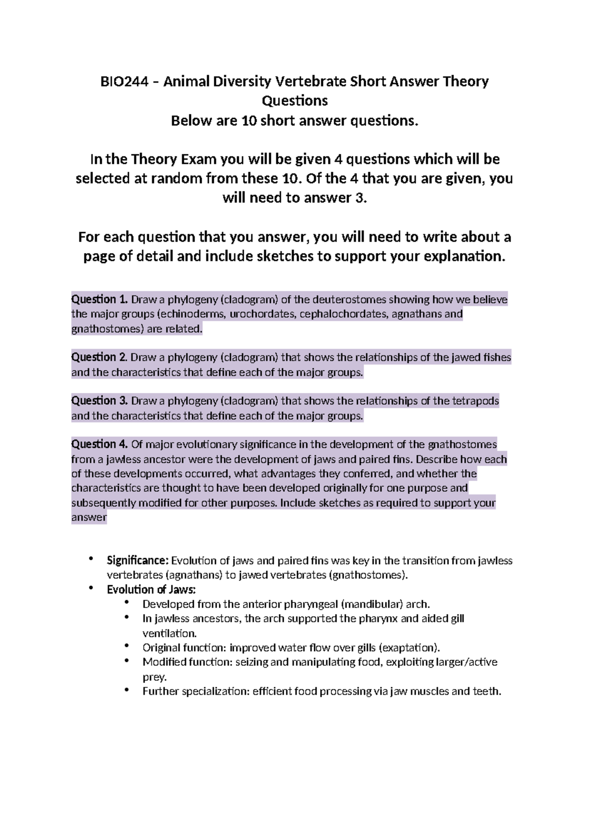 BIO244 Animal Diversity: Vertebrate Theory Exam Notes - Studocu