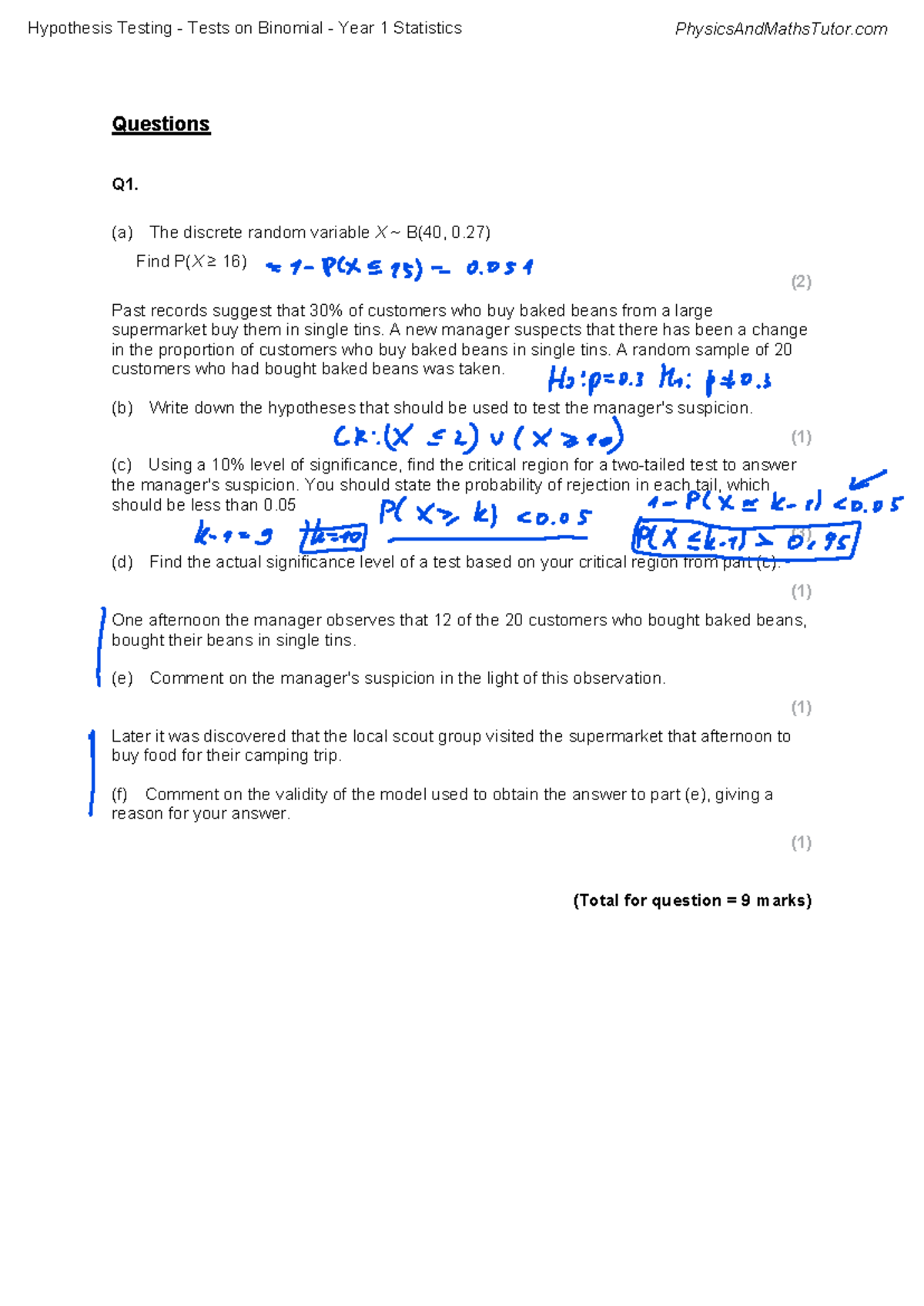 Hypothesis Testing - Binomial Statistics Year 1 Exam Q1-Q5 - Studocu