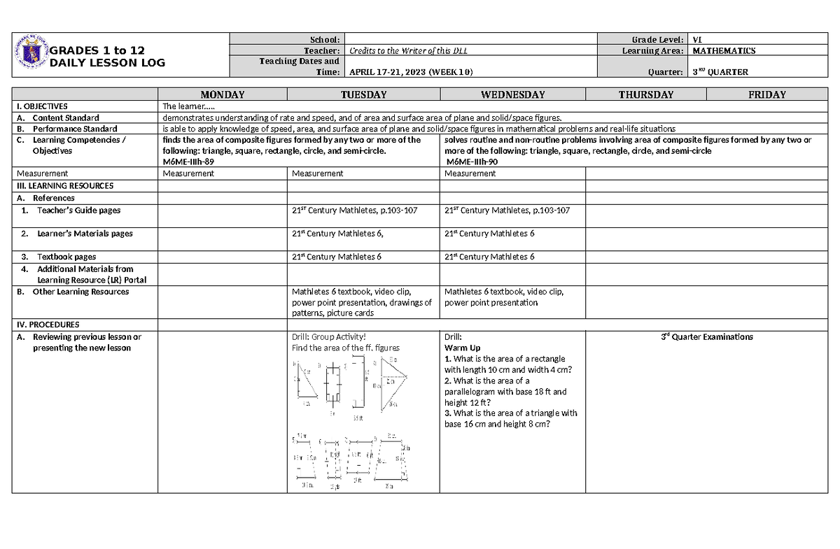 DLL Mathematics 6 Q3 W10 Lesson Plan: Area of Composite Figures - Studocu