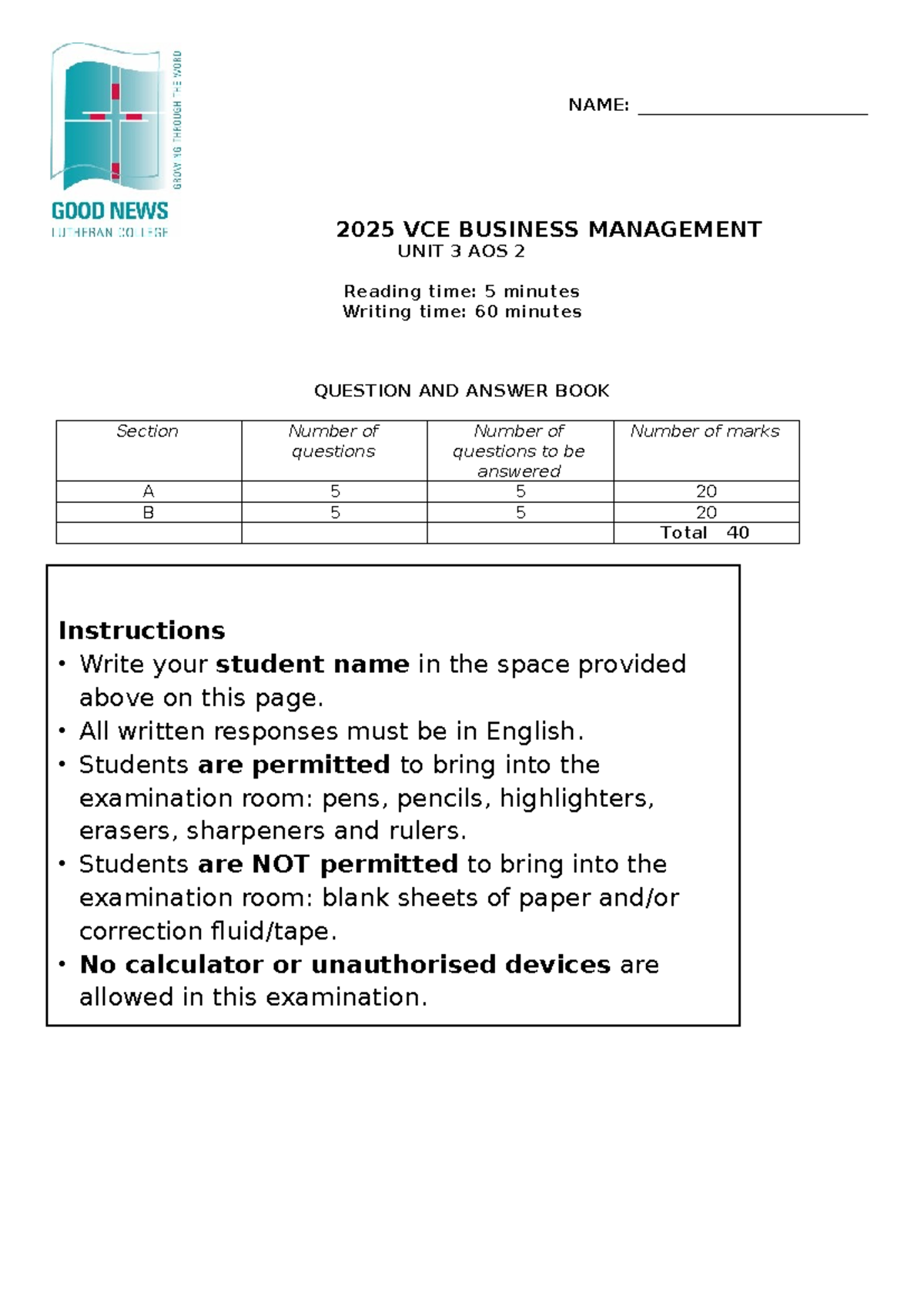 2025 VCE BUSINESS MANAGEMENT UNIT 3 AOS 2 SAC Case Study Responses ...
