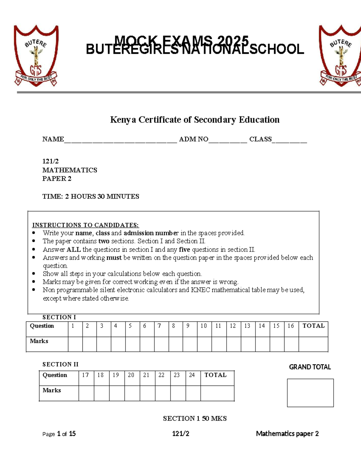 MOCK EXAM 2025 K.C.S.E. ADM MATHEMATICS PAPER 2 REVISION - Studocu
