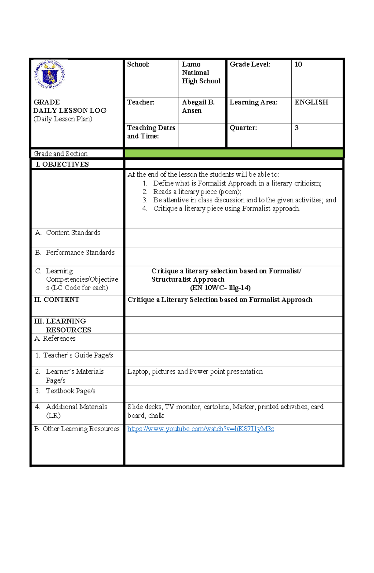 Lesson Plan on Formalism Approach for ENGLISH 10 - Q3 - Studocu