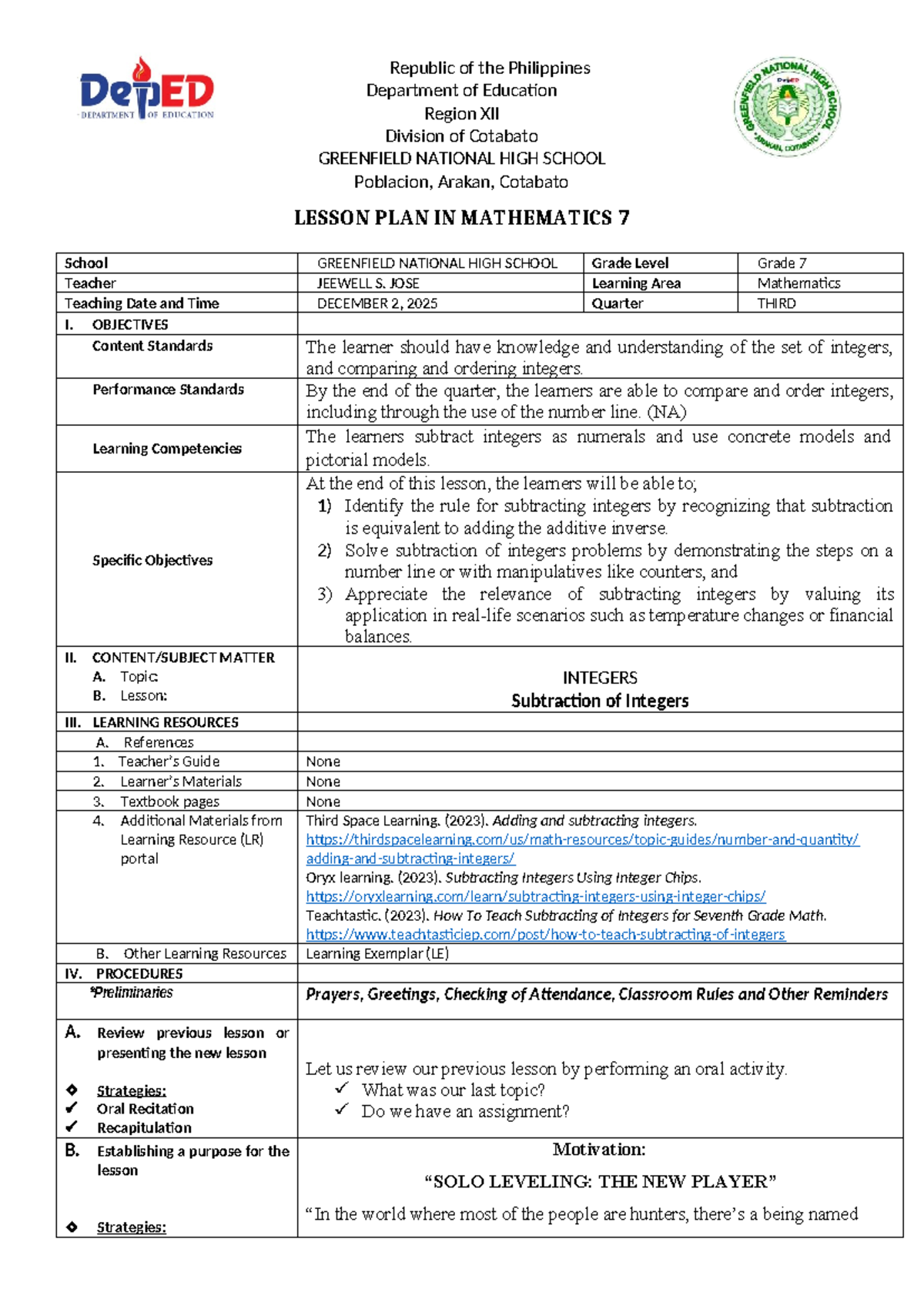 GRADE 7 MATHEMATICS LESSON PLAN: SUBTRACTING INTEGERS - Studocu