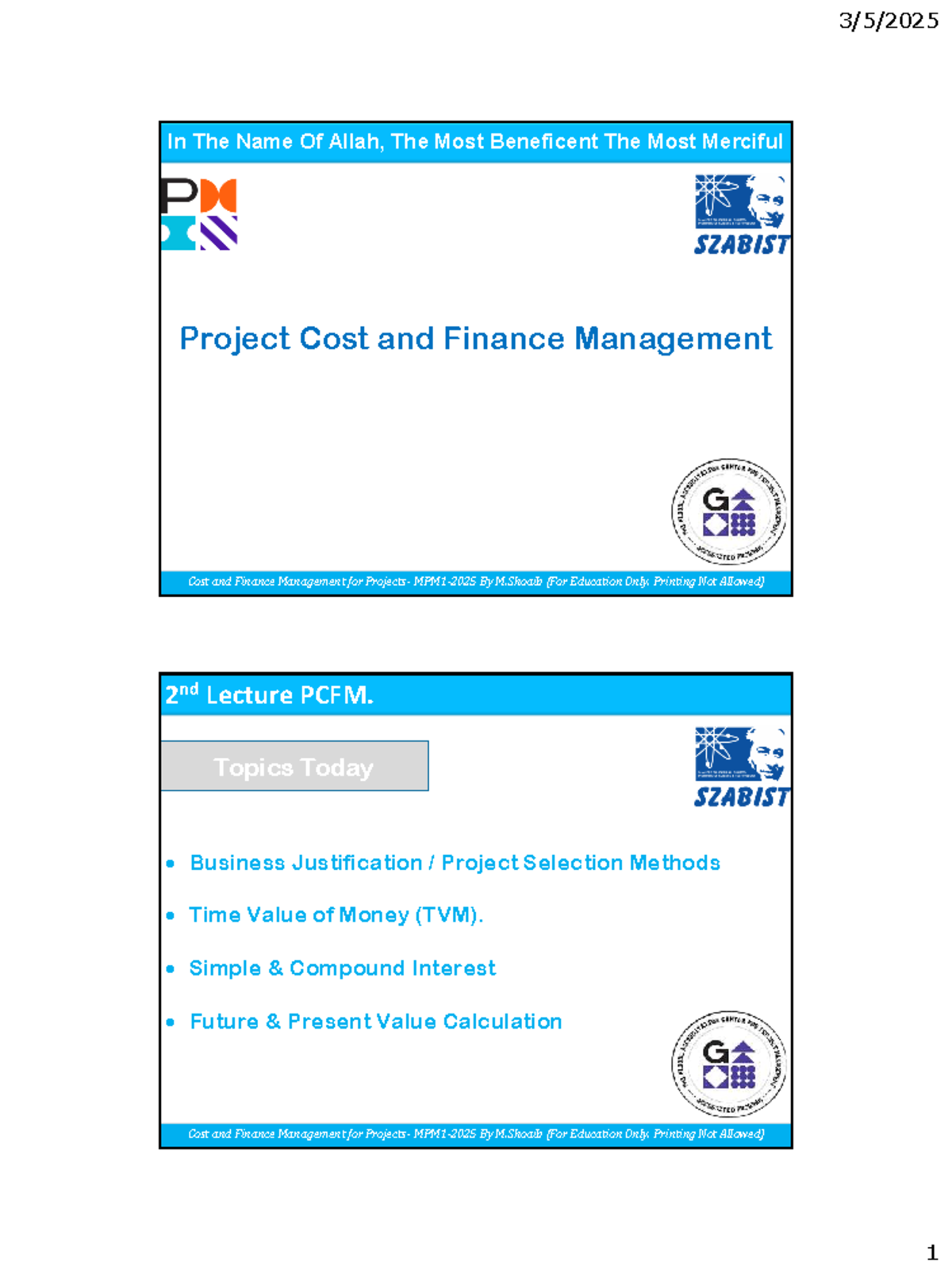 PCFM 2nd Lecture: Time Value of Money in Project Management - Studocu