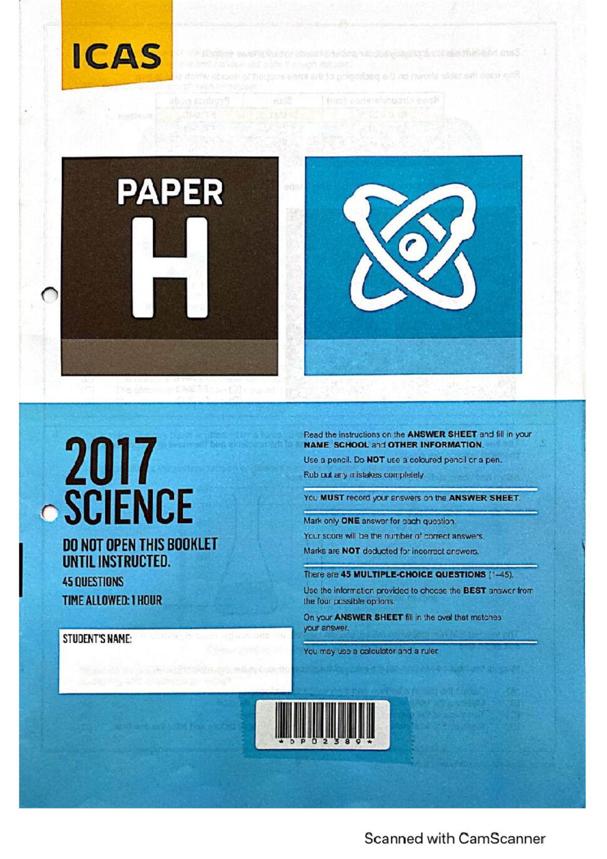 2017 ICAS Science Paper H - Answer Sheet Instructions and Questions ...