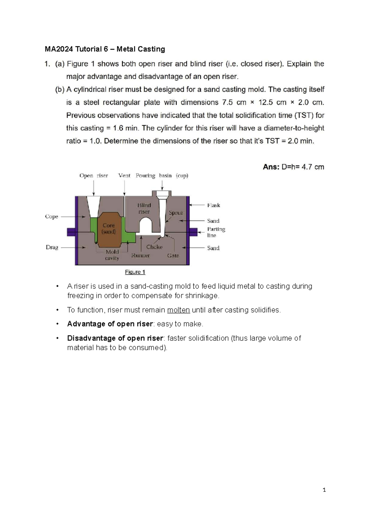 MA2024 Tutorial 6: Understanding Metal Casting and Riser Function - Studocu