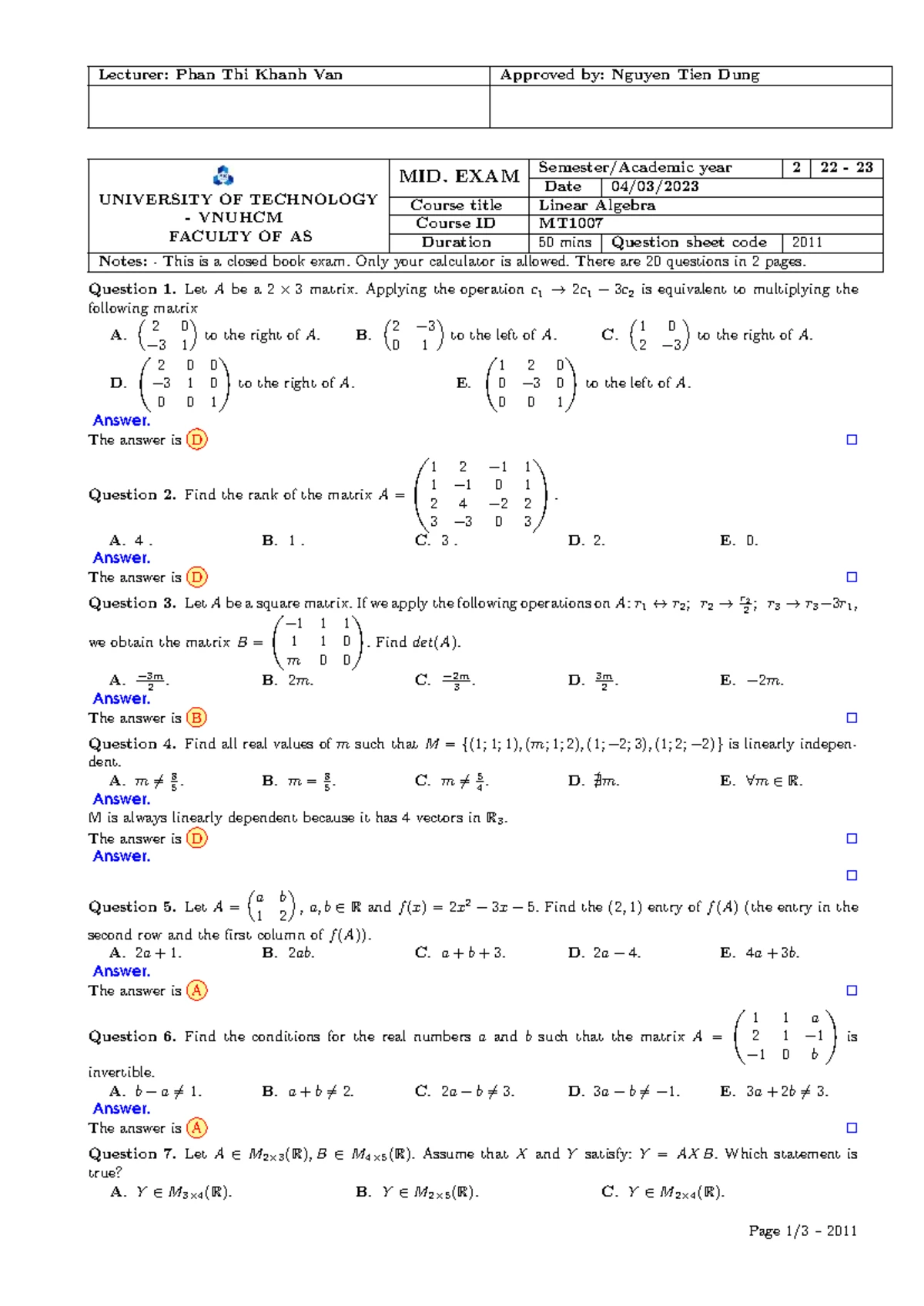 Midterm Exam Questions for Linear Algebra MT1007 - VNUHCM - Studocu