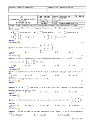 Midterm Exam Questions for Linear Algebra MT1007 - VNUHCM - Studocu