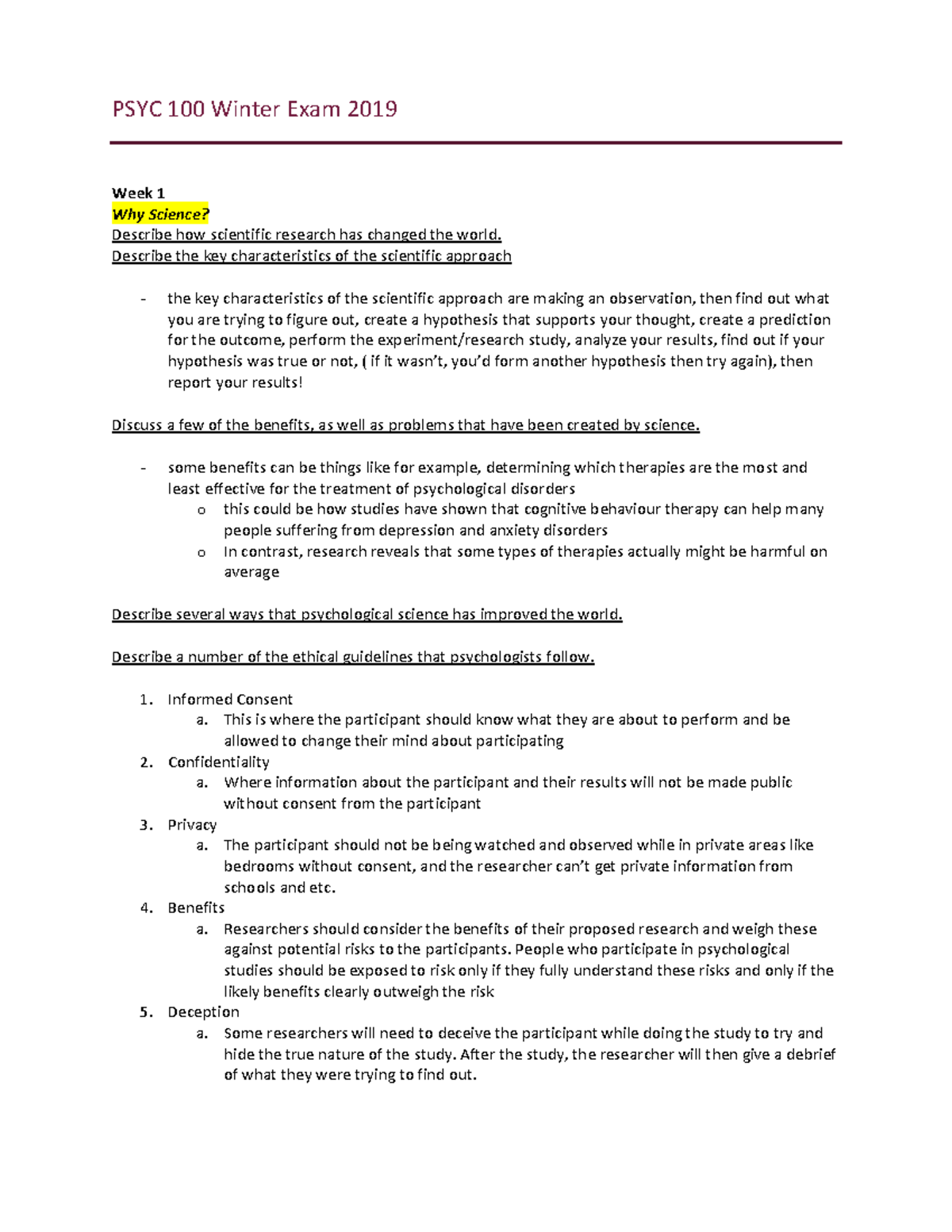 PSYC 100 Winter 2019 Final Exam Study Notes on Scientific Approaches ...