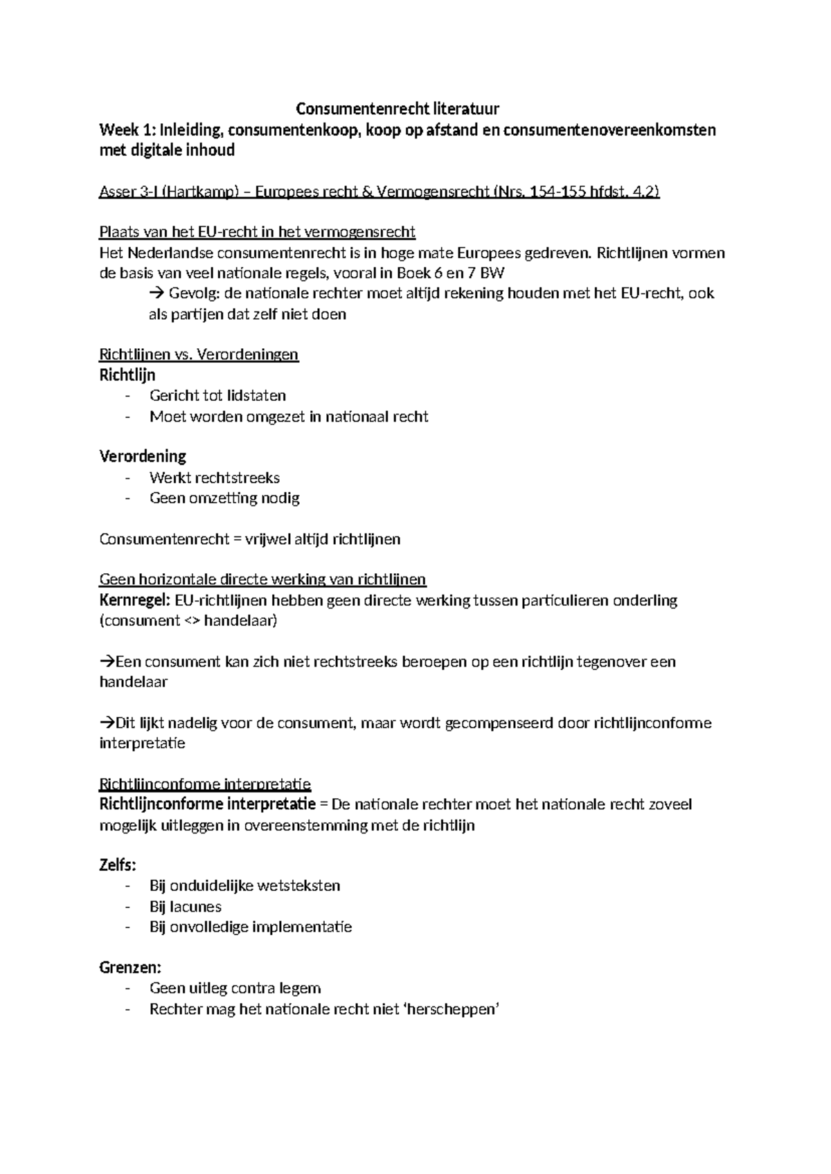 Consumentenrecht Literatuur Week 1: Inleiding en Consumentenkoop Asser ...
