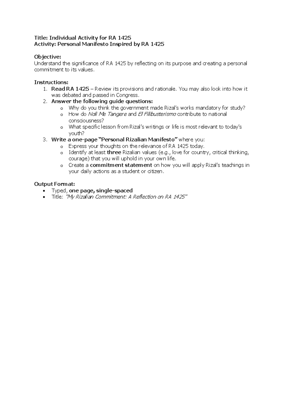 Activity for SS 122 (BSIS 2C) - Title: Individual Activity for RA 1425 ...
