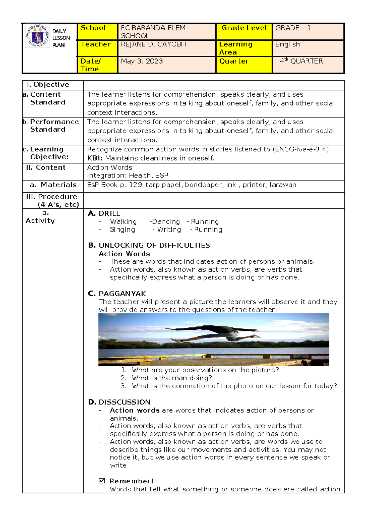 LP English - Grade 1 - Lesson Plan for Action Words - May 3, 2023 - Studocu