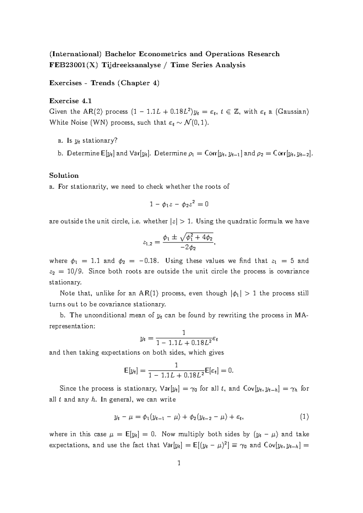 Exercises Chapter 4 Solutions for FEB23001(X) Time Series Analysis ...