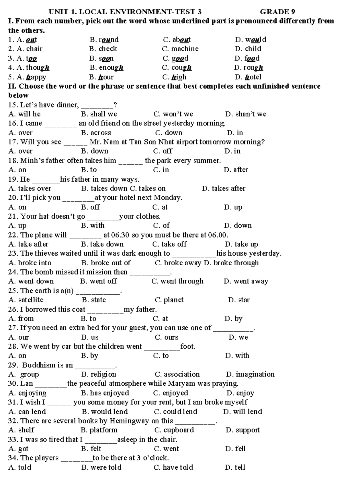 UNIT 1 - Grade 9 Exercises for Pronunciation and Sentence Completion ...