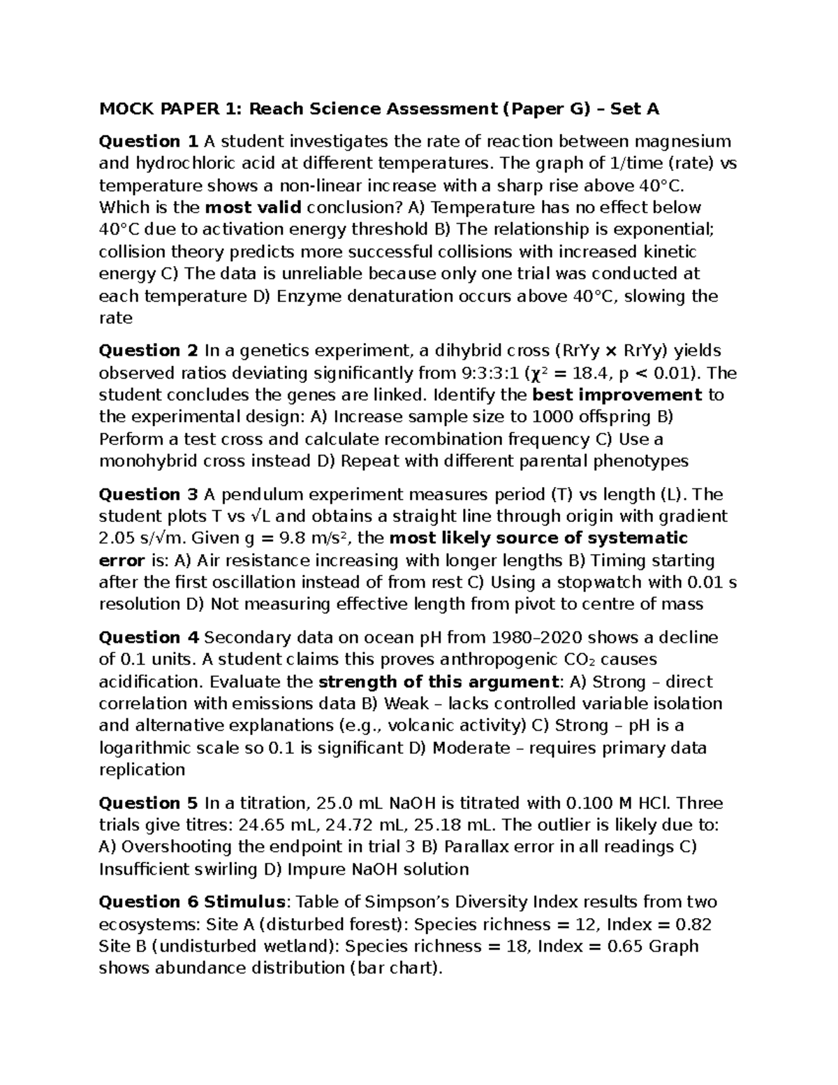 Science MOCK Paper 1: Comprehensive Assessment Questions and Answers ...