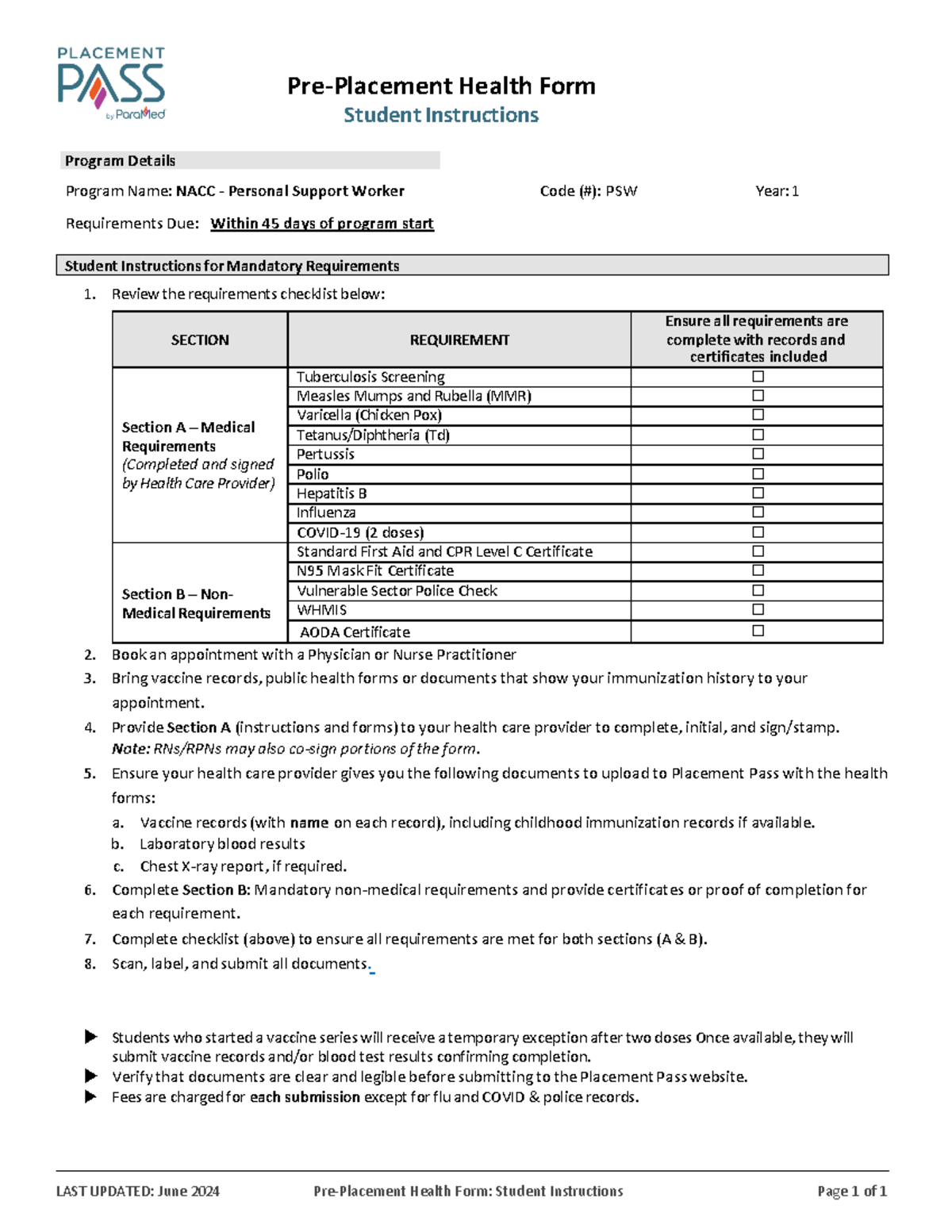 NACC PSW Year 1 Health Form: Student & Provider Instructions - Studocu