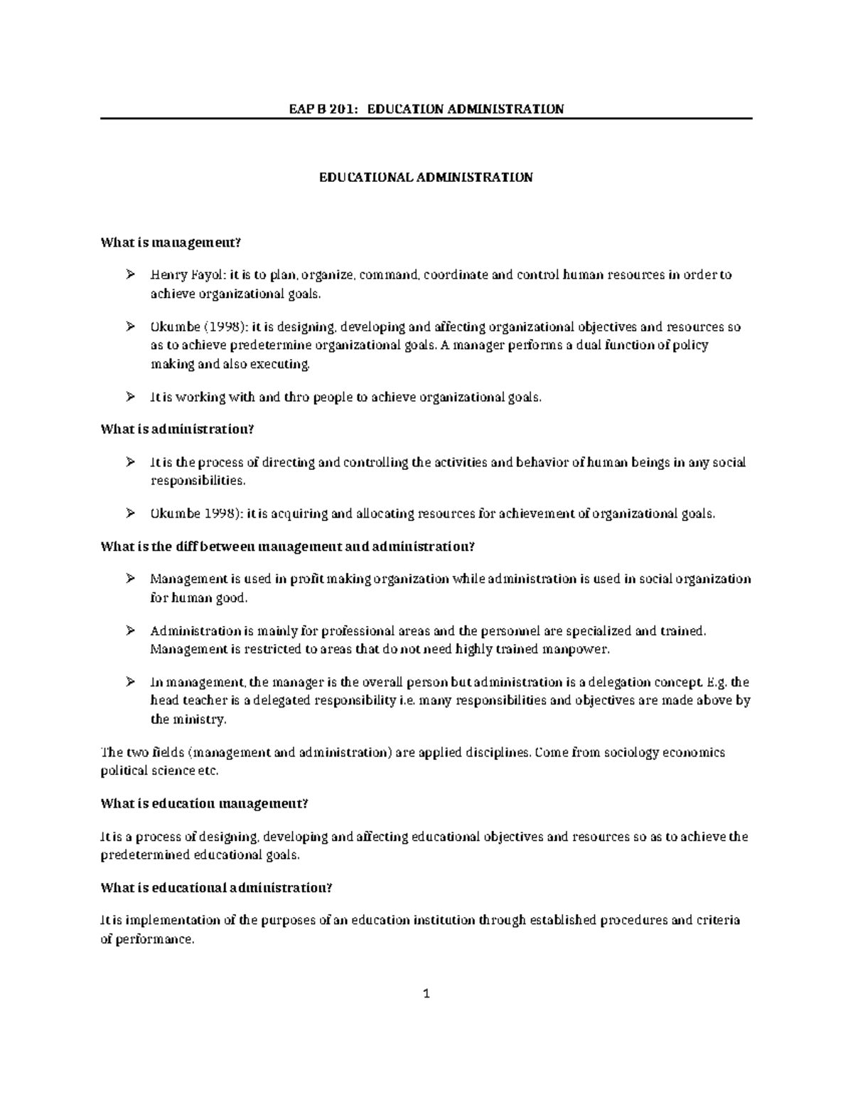 EAP 401 Notes - EAP B 201: EDUCATION ADMINISTRATION EDUCATIONAL ...