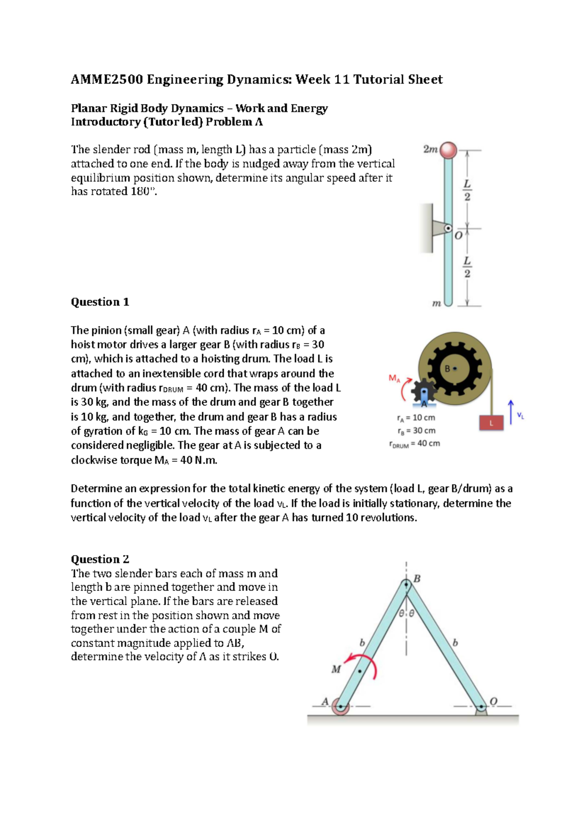 AMME2500 Engineering Dynamics: Week 11 Tutorial on Rigid Body Dynamics ...