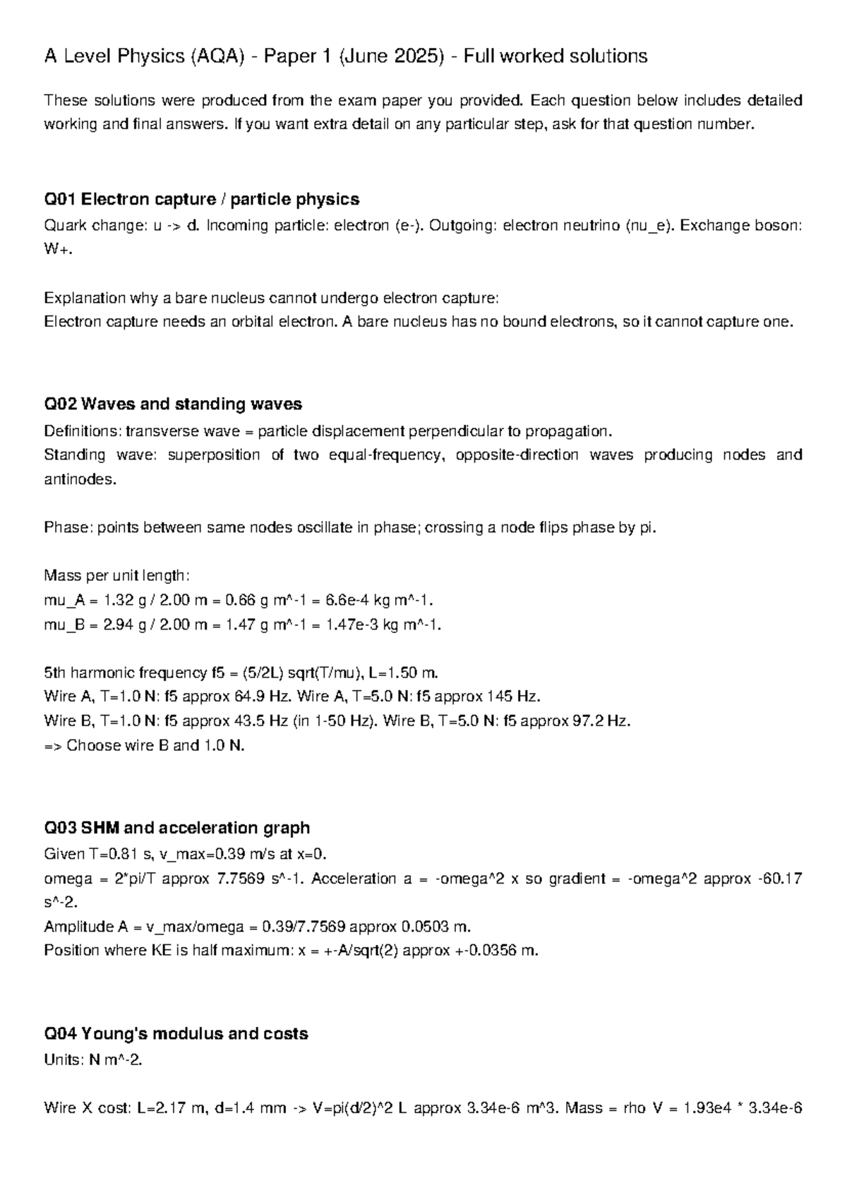 A Level Physics (AQA) Paper 1 (June 2025) Detailed Solutions - Studocu