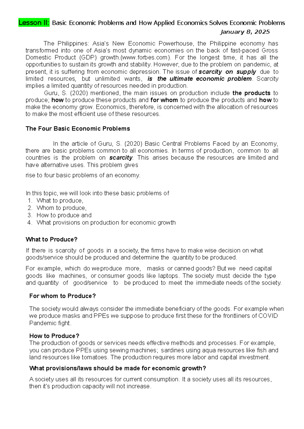 Lesson II: Basic Economic Problems & Applied Economics Solutions - Studocu