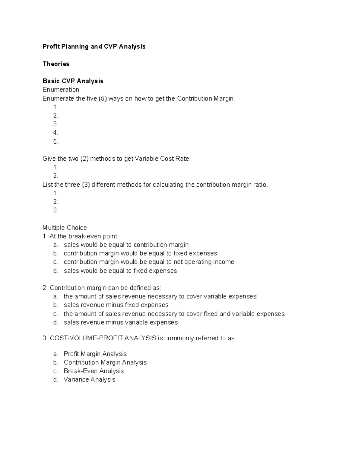 MAS5 - Final Exam Handout on CVP Analysis Concepts and Problems - Studocu