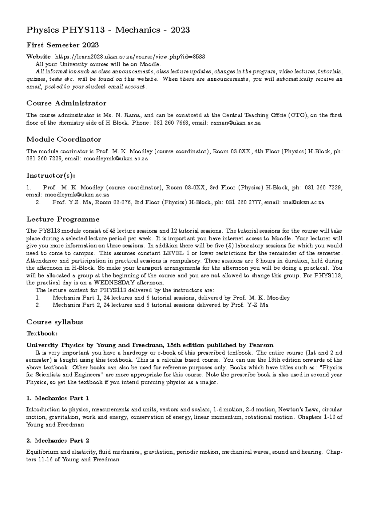 PHY113 2023 Module Information: Lecture & Practical Details - Studocu