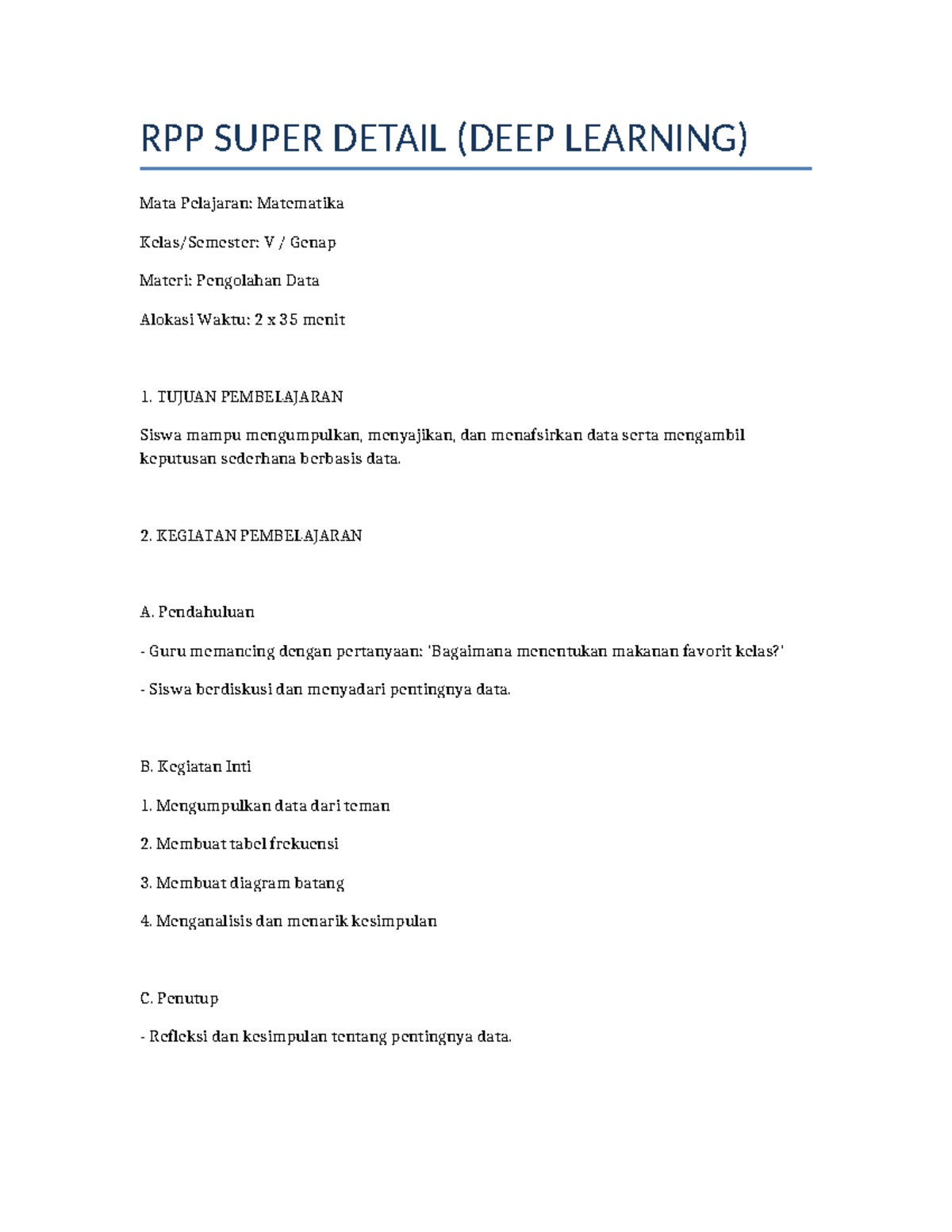 RPP Deep Learning Kelas 5: Pengolahan Data dan Analisis - Studocu