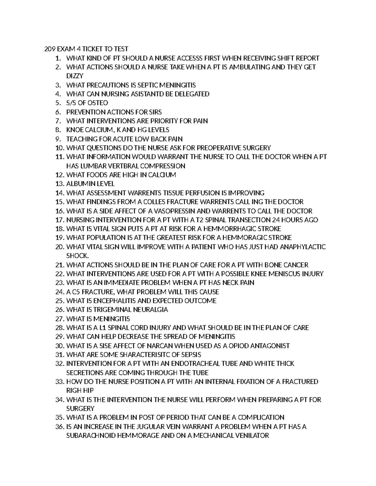 209 NURSING EXAM 4 REVIEW: KEY QUESTIONS & INTERVENTIONS 2024 - Studocu