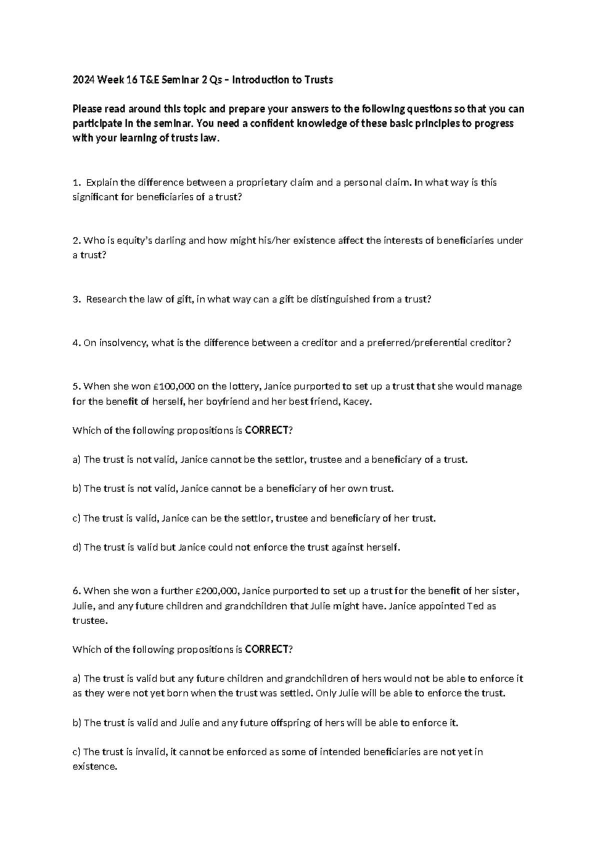 23 T&E 2 Intro to Trusts Seminar Questions and Answers - Studocu